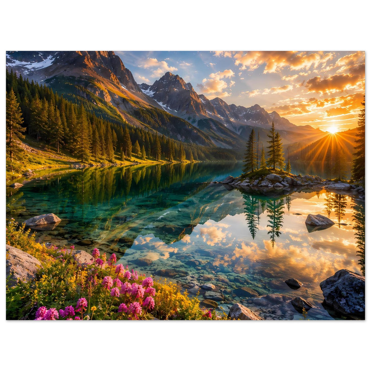 Kunstdruckposter mit Berglandschaft bei Sonnenaufgang, Fluss, Spiegelung, pinke Blumen