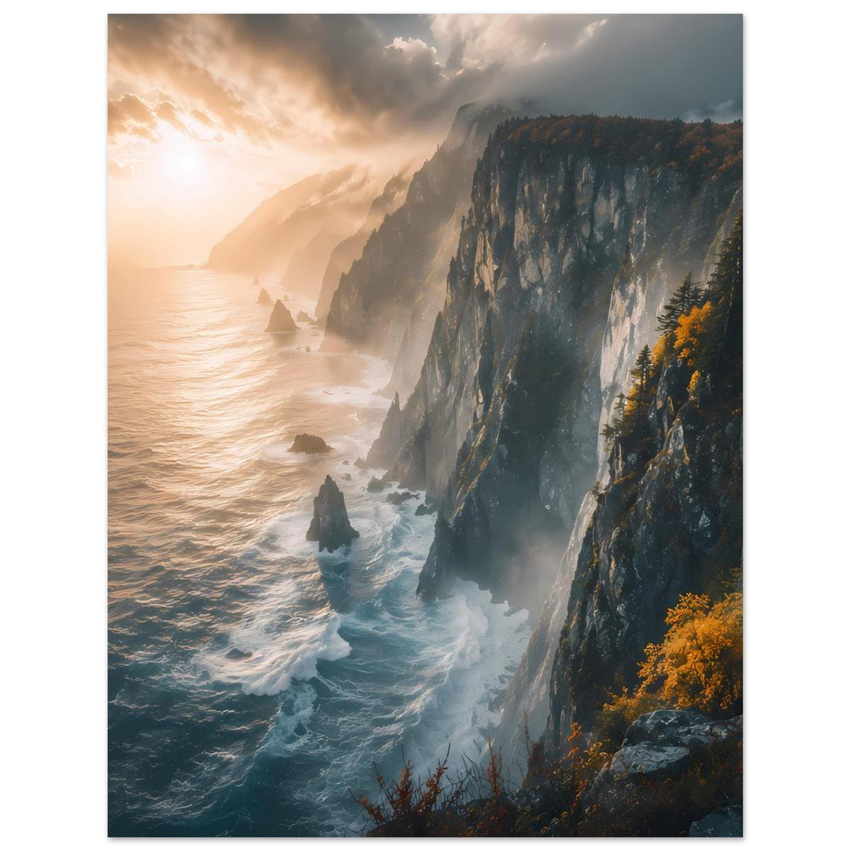 Poster mit Meerklippen, Gischt und goldener Abendstimmung über dem Wasser