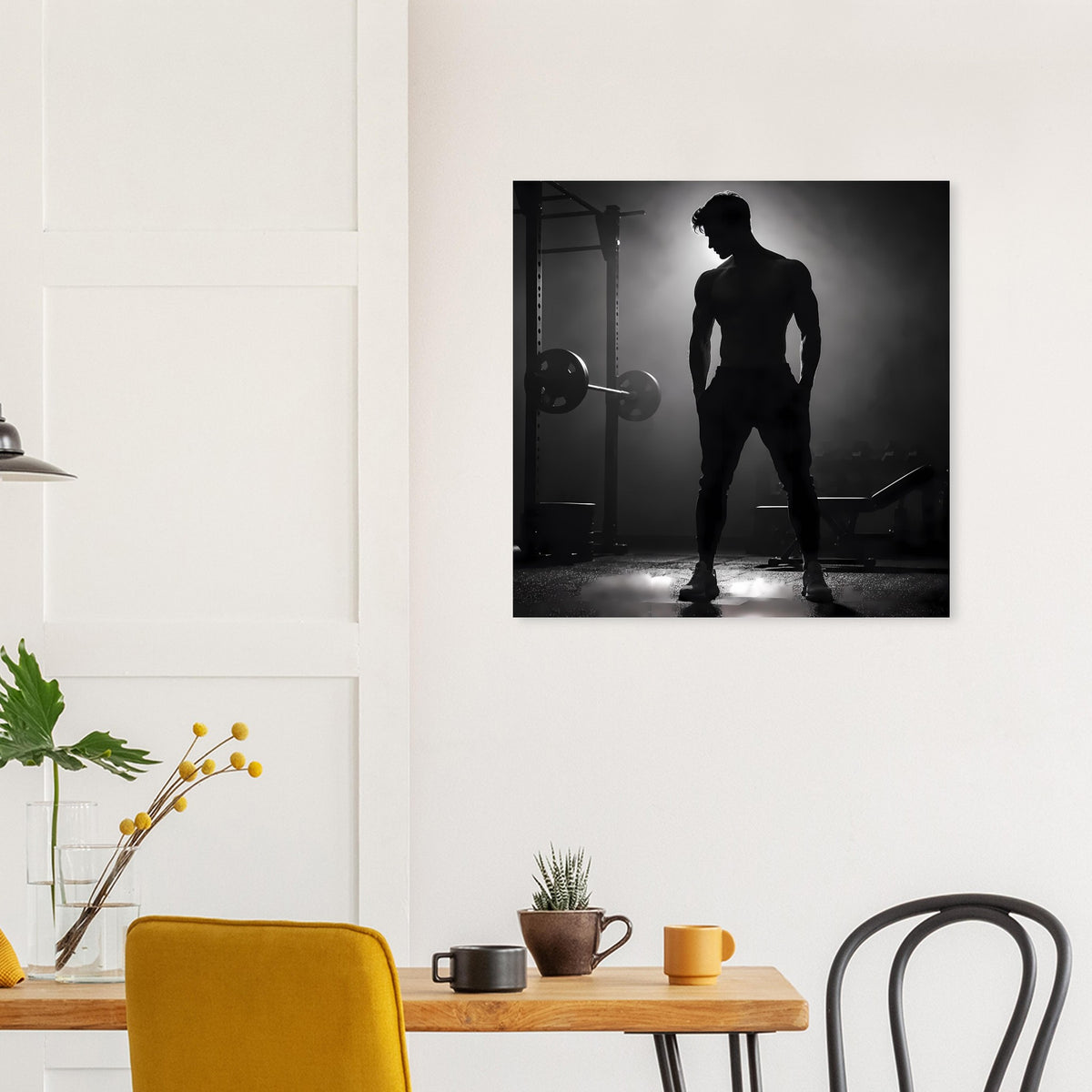 Quadratischer Motivdruck: Schwarzweiß-Sportler-Silhouette im Raum mit Trainingsgerät