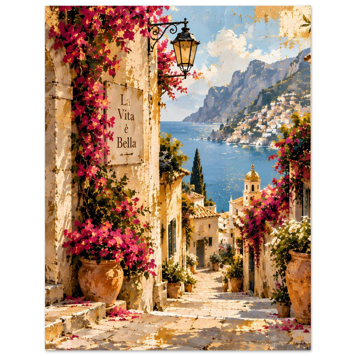 Poster im Hochformat: mediterrane Gasse mit Bougainvillea an den Mauern und Kirchturm