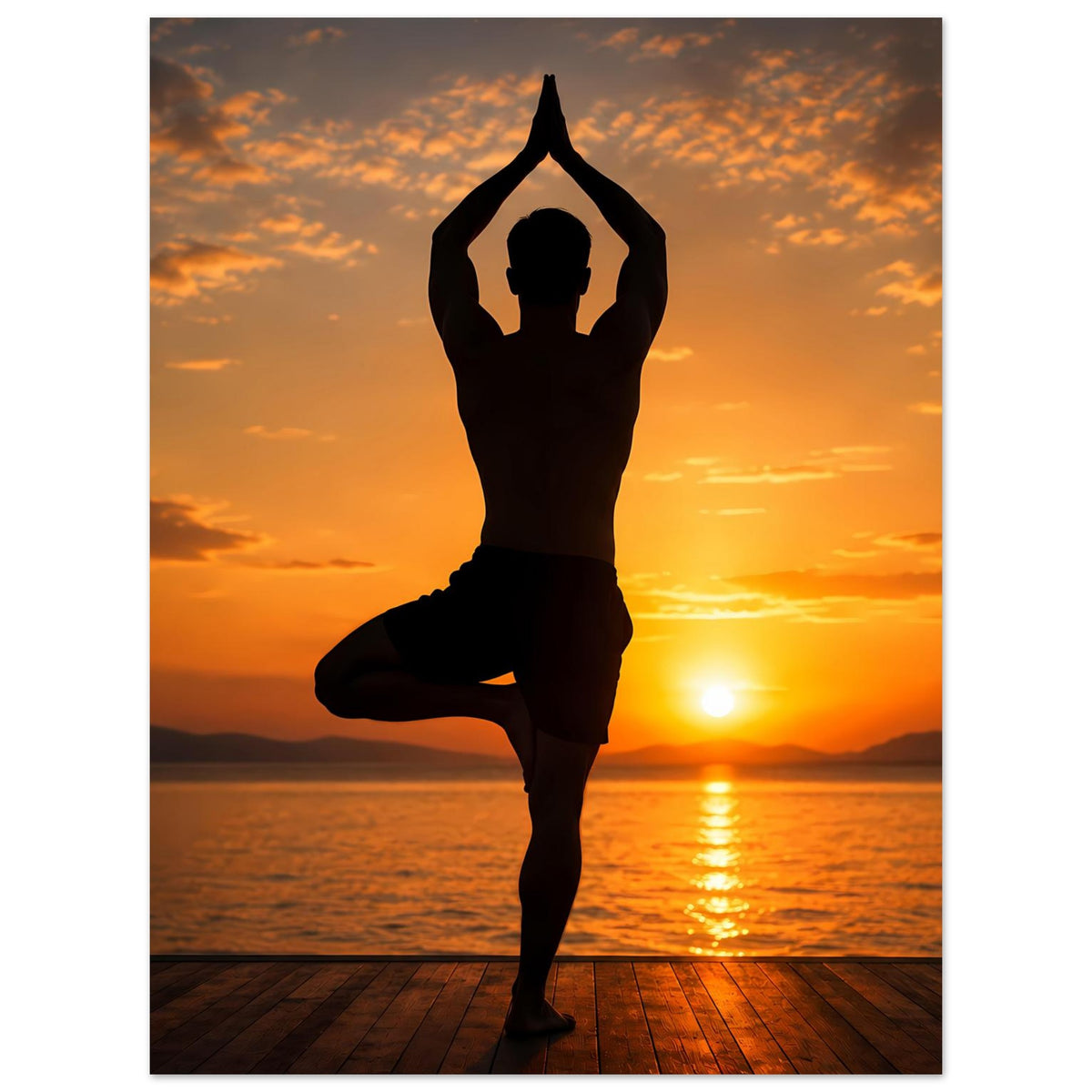 Vertikales Poster: Yoga-Silhouette in hoher Streckung vor goldenem Sonnenuntergang am Wasser