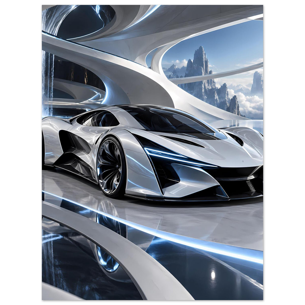 Poster mit silbernem Supersportwagen, Nahansicht von Motorhaube und schwarzen Flächen, blaues Glühen