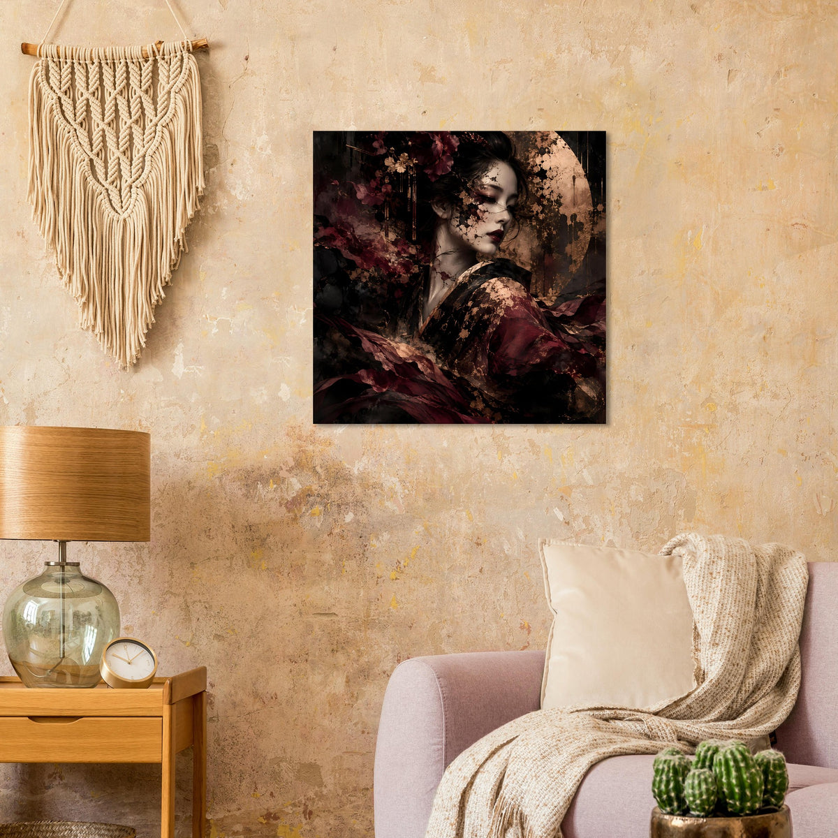 Kunstposter mit abstraktem Porträt in Bordeaux, Schwarz & Gold, schwarzer Rahmen