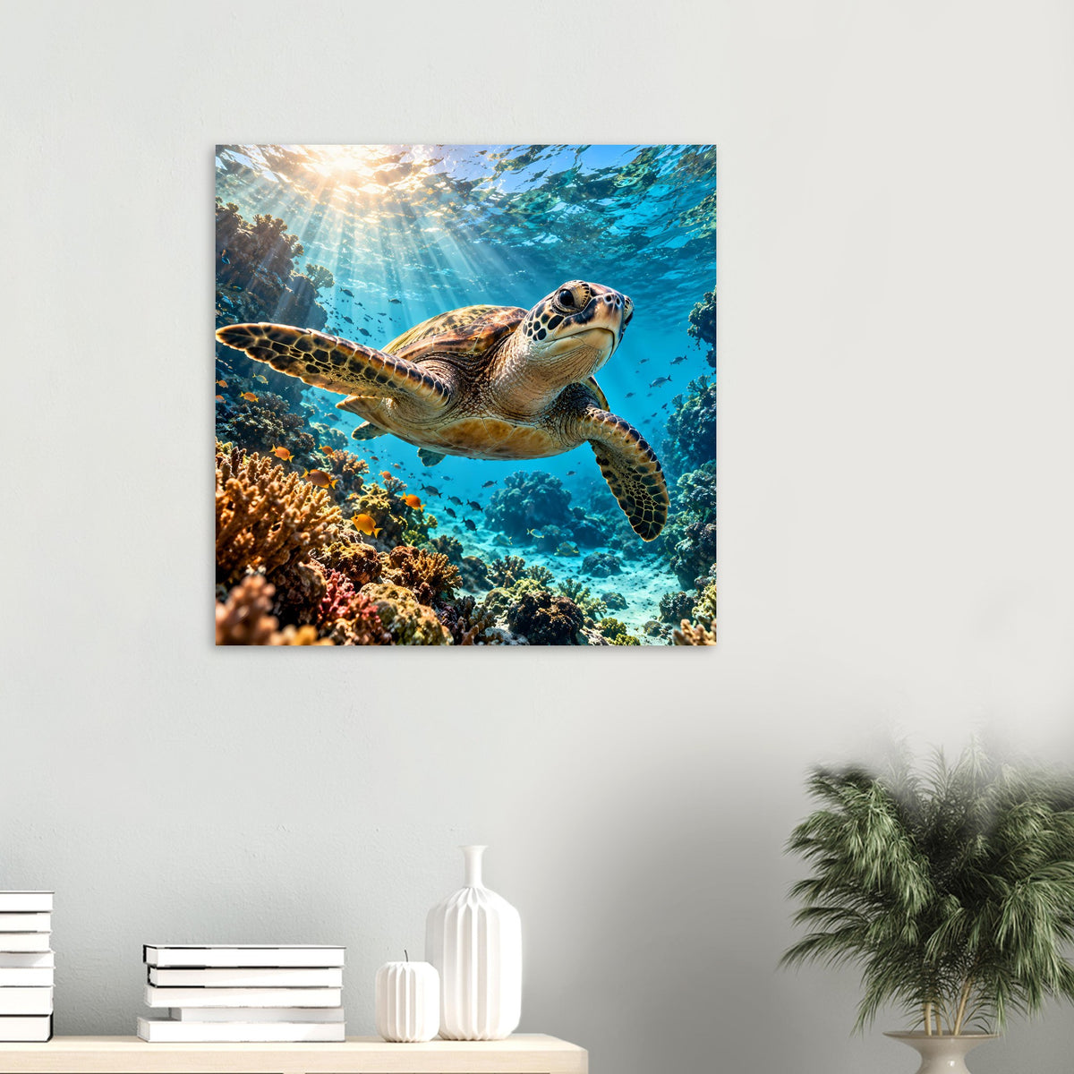 Unterwasser-Schildkrötenposter im Quadratformat: Meeresschildkröte im Ozean mit Sonnenstrahlen