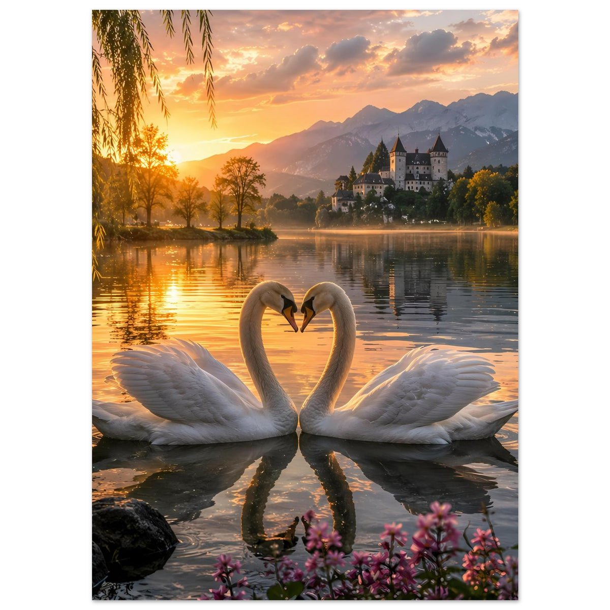 Poster: Herz aus zwei Schwänen im Vordergrund, warmes Licht über stillem Wasser