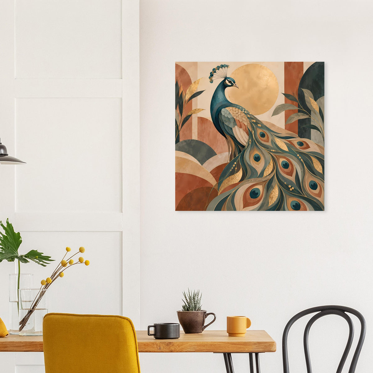 Quadratisches Pfau-Poster mit gemusterten Federn in Blaugrün und warmen Erdtönen