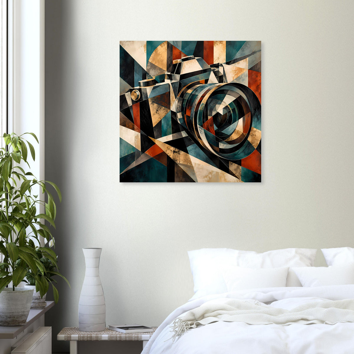 Quadratisches Wandposter mit Retro-Kamera-Optik und geometrischen Formen in Petrol und Rost