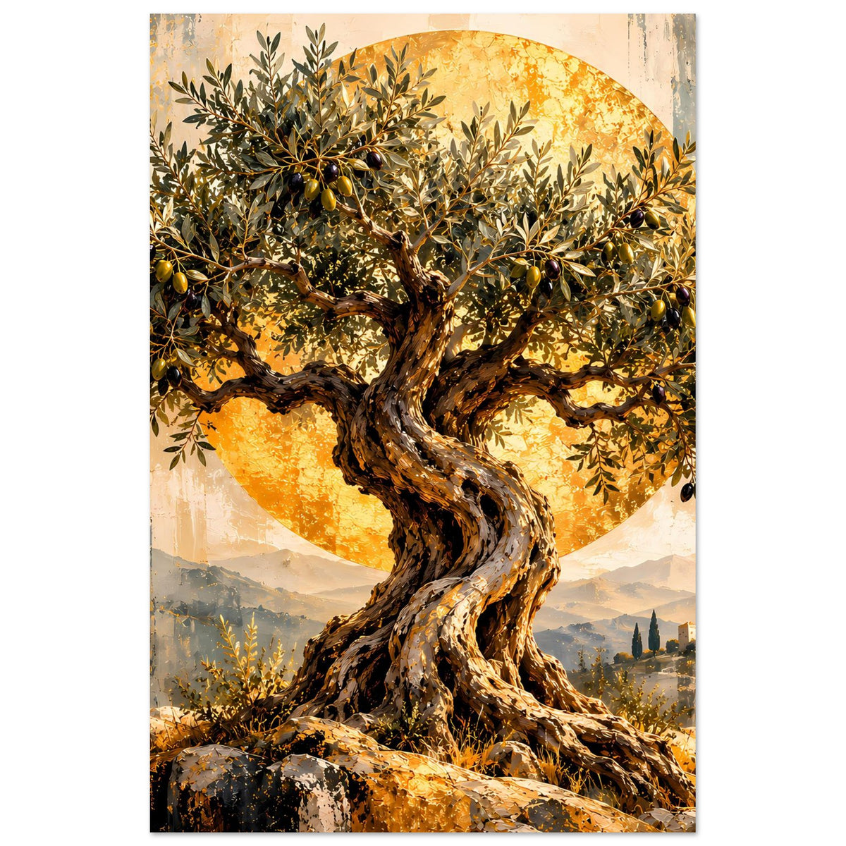 Vertikales Poster mit Olivenbaumkrone und goldenen Blättern, Sonnenbogen und Landschaft