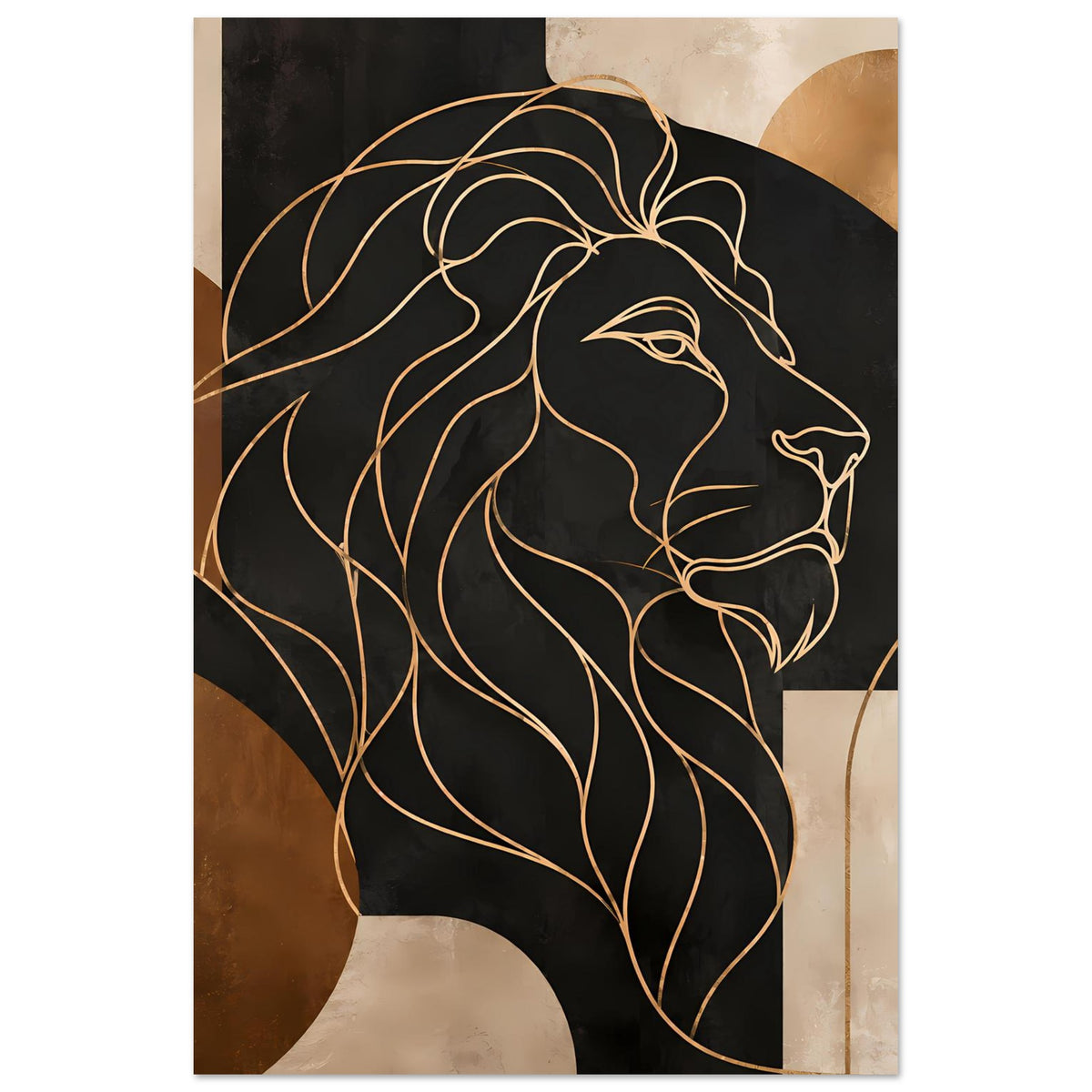 Löwen-Poster im Hochformat: Konturlinien von Löwenkopf in Gold und Bronze auf dunklem Grund