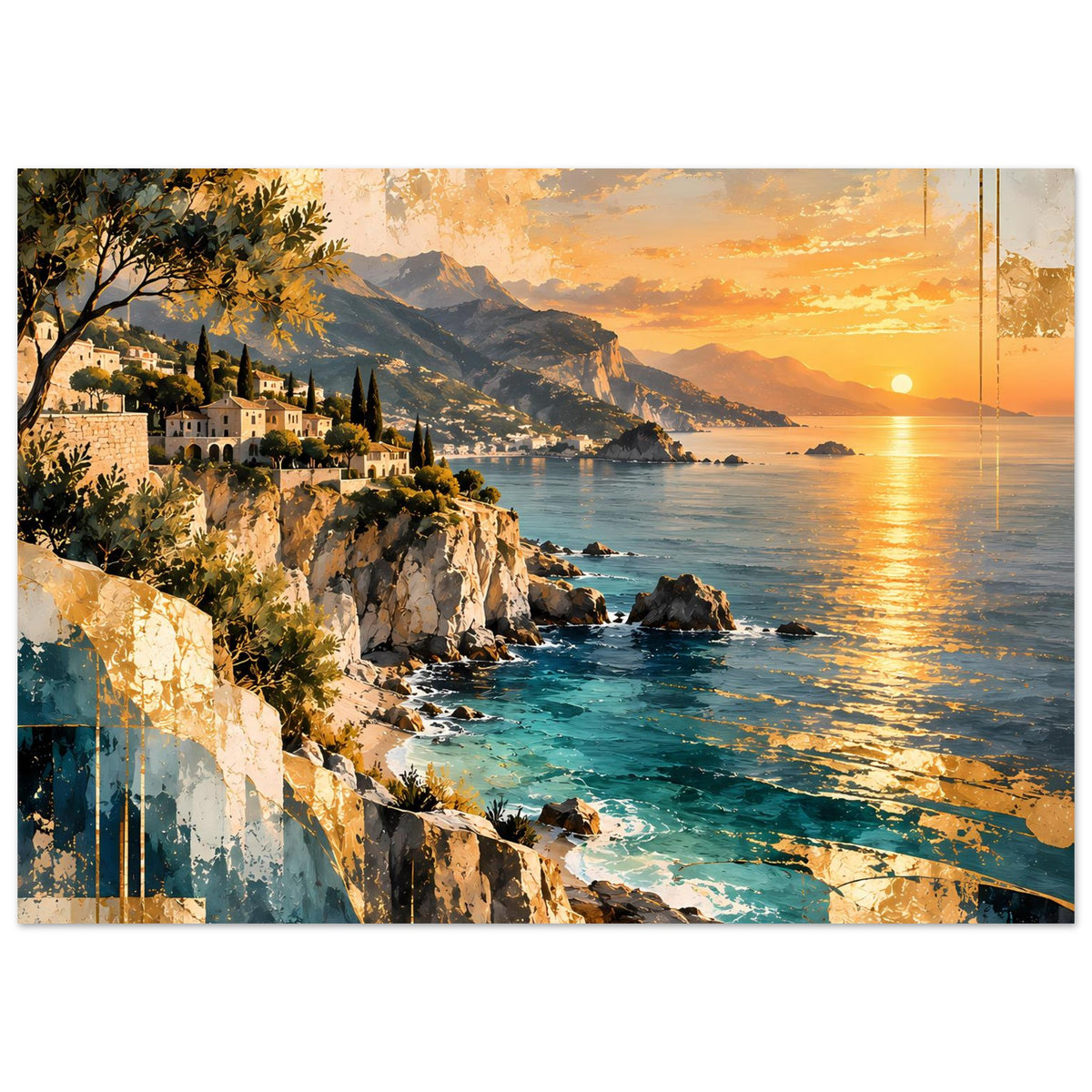 Horizontales Poster mit Küstenlandschaft: goldener Himmel, Felswände und kleines Dorf