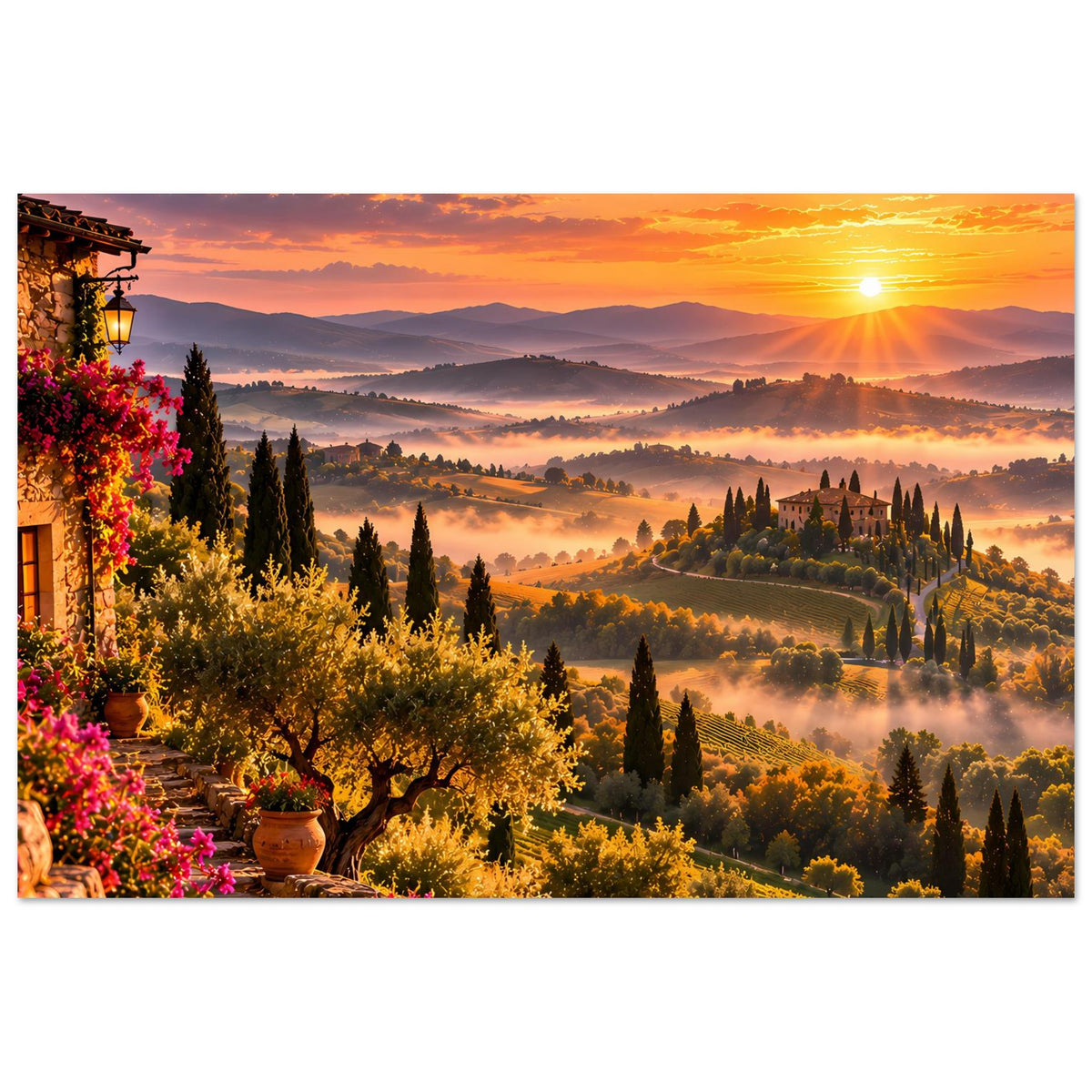 Wandposter mit toskanischem Sonnenuntergang, Dorf auf Hügelkamm, Nebel über den Tälern