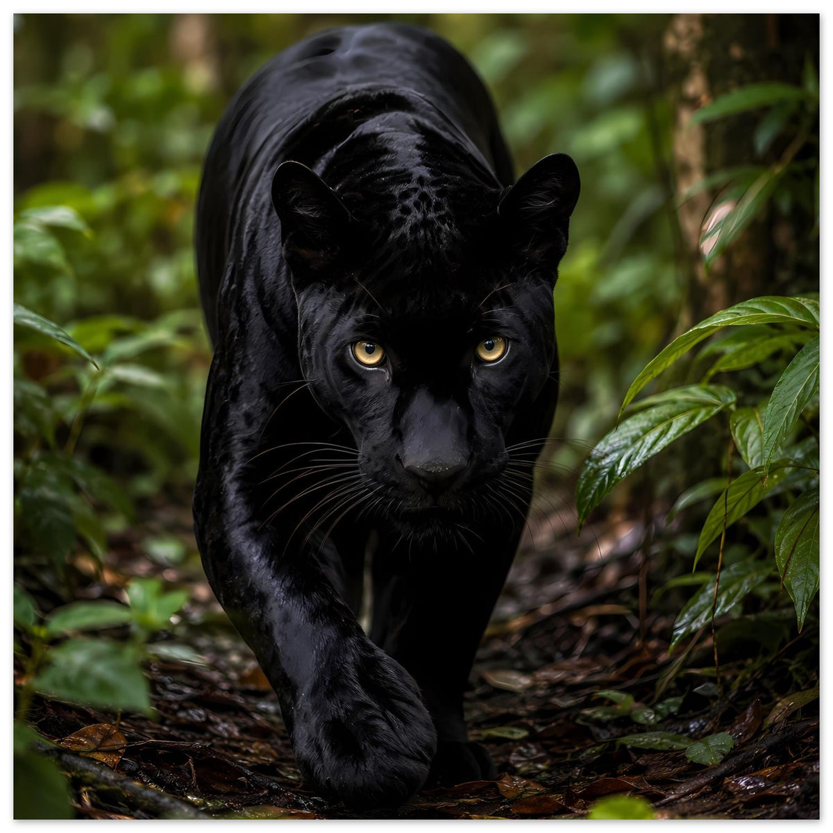 Poster mit schwarzem Panther, gelbe Augen, ganzer Körper auf dem Boden