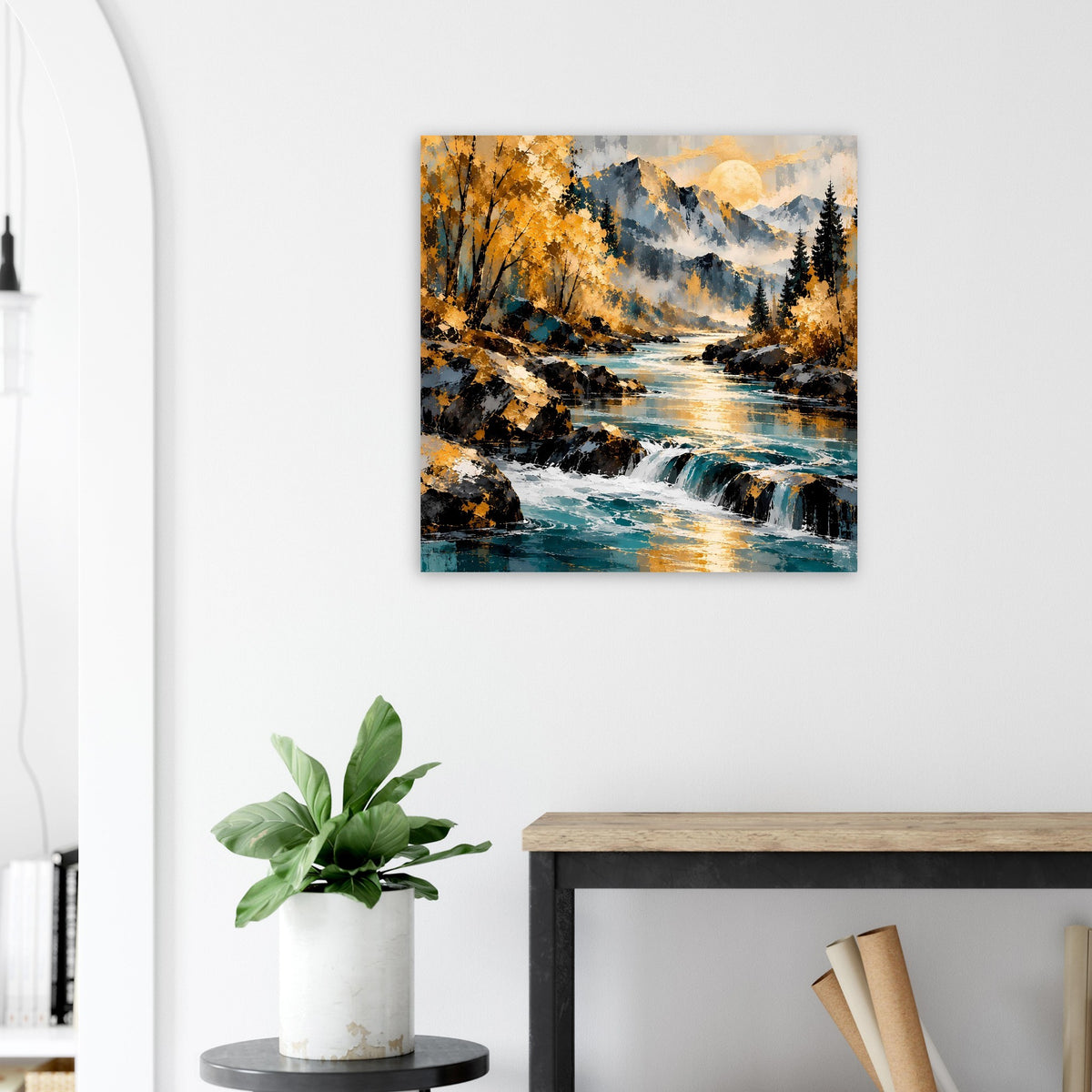 Herbstlandschaft-Poster mit Flusslandschaft, Wasserfall, Nadelbäumen und Herbstfarben