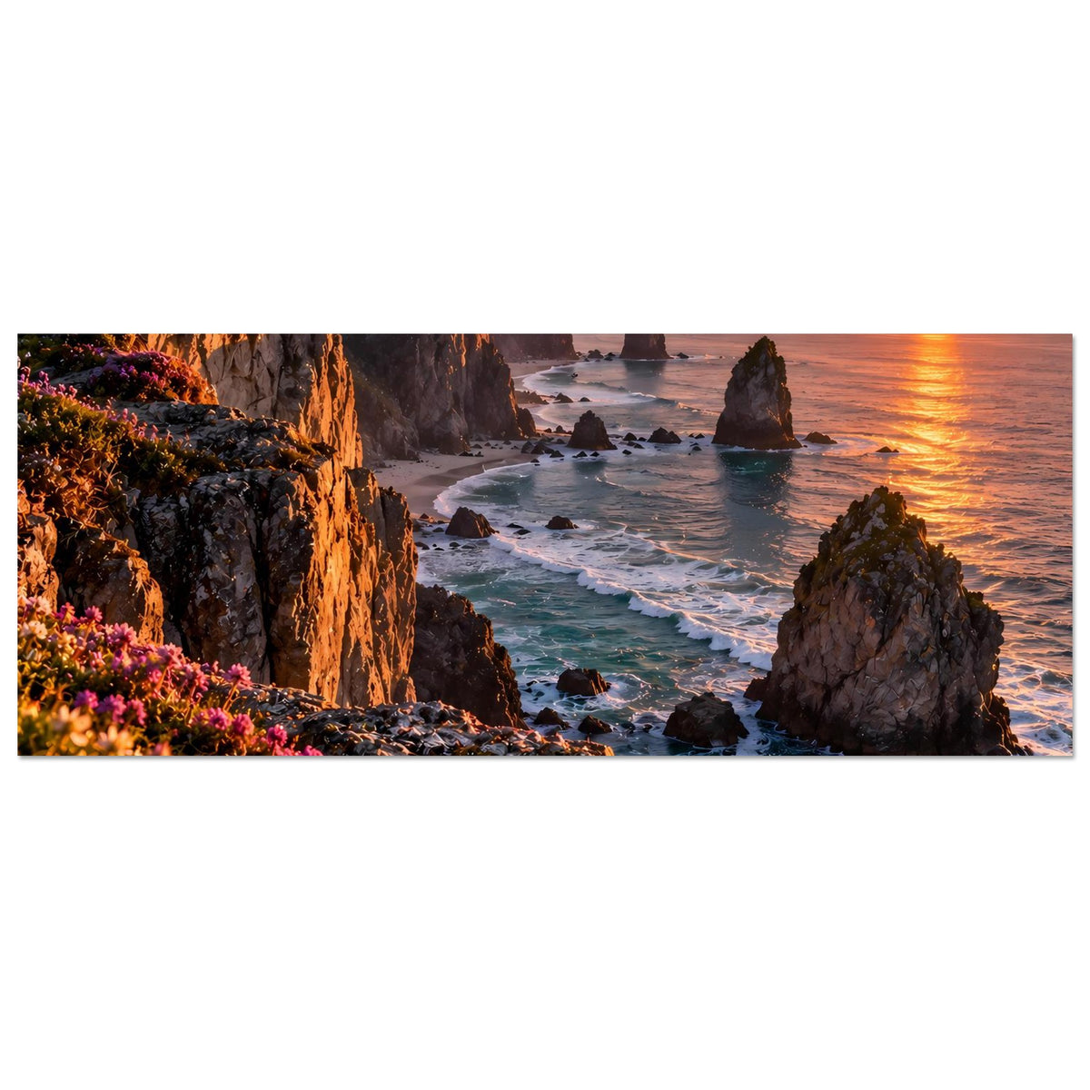Horizontales Poster: Küstenklippen, Wellen und Sonnenuntergang über dem Meer