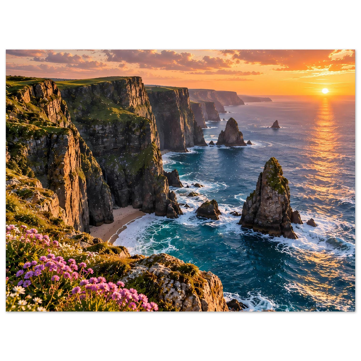 Horizontales Poster mit Klippenküste, orangefarbenem Sonnenuntergang und pinken Blumen vorn