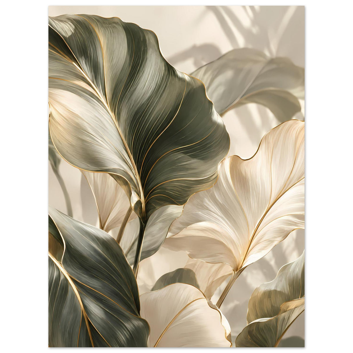 Pflanzenposter: Palmenblätter in Grün-Grau und Creme mit goldenen Linien, ausgewogen
