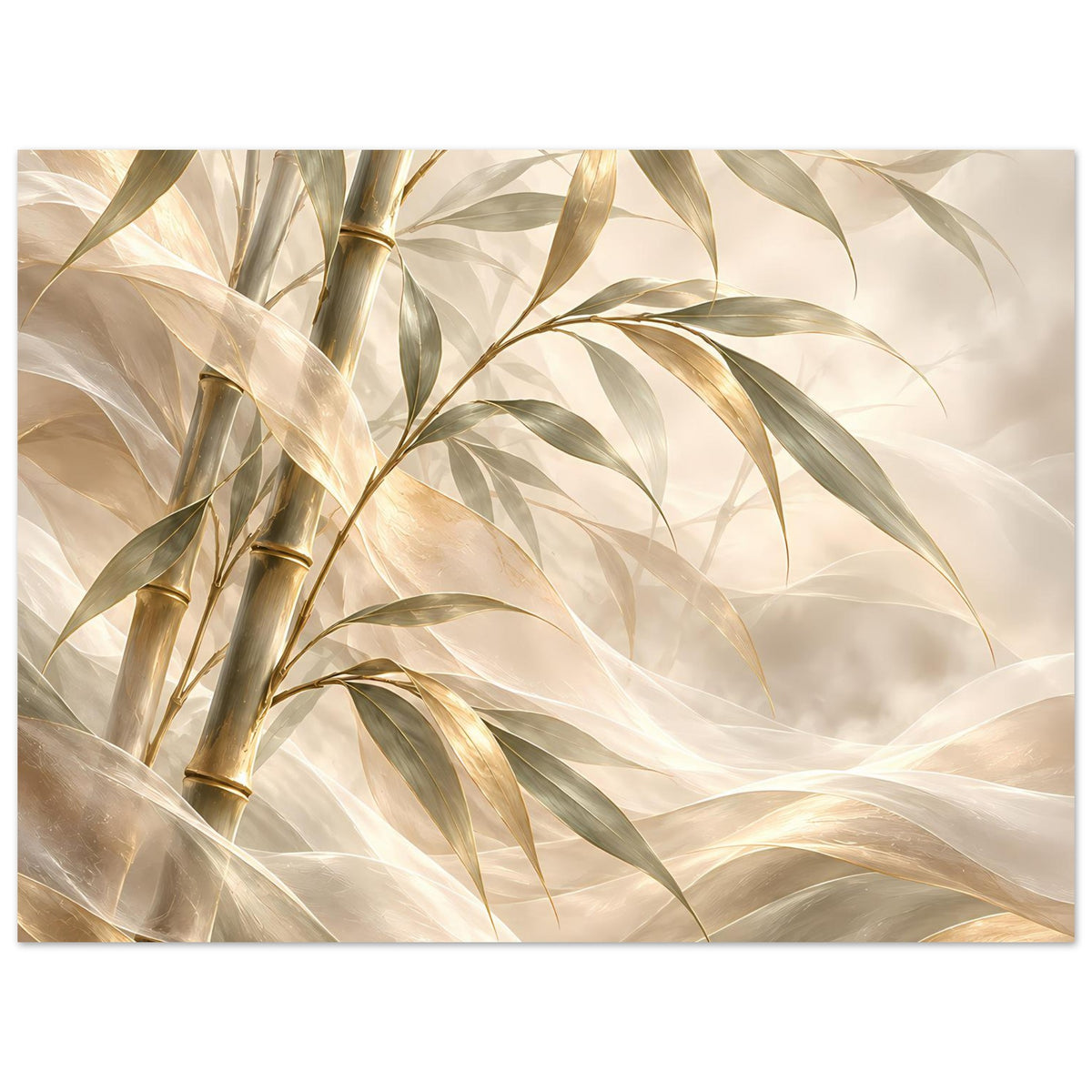 Bambus-Poster (horizontal) mit goldenen Stangen, grünen Blättern und elfenbeinfarbenem Hintergrund.