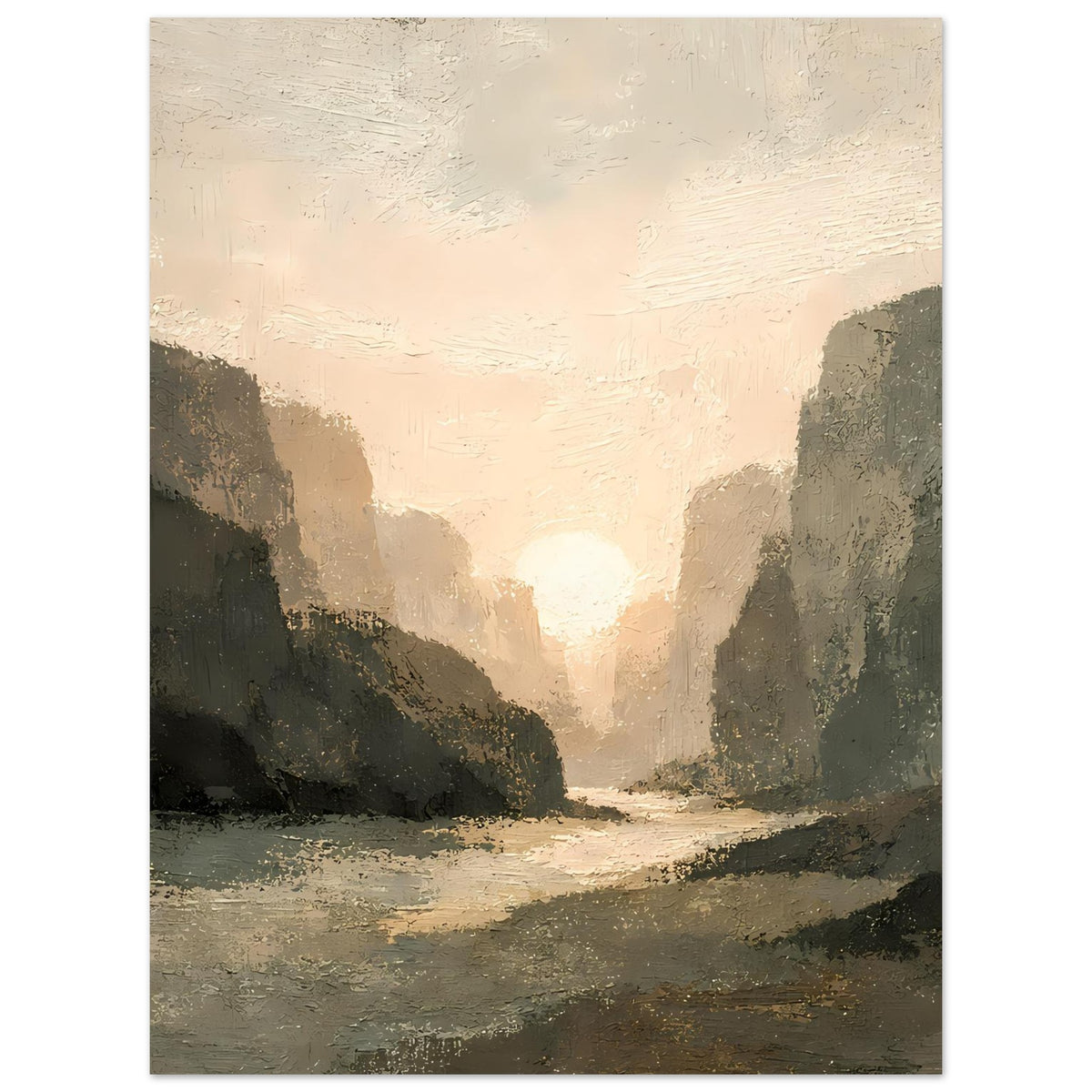 Poster mit Sonnenuntergang in einer Schlucht, dunkle Berge und heller Lichtkegel