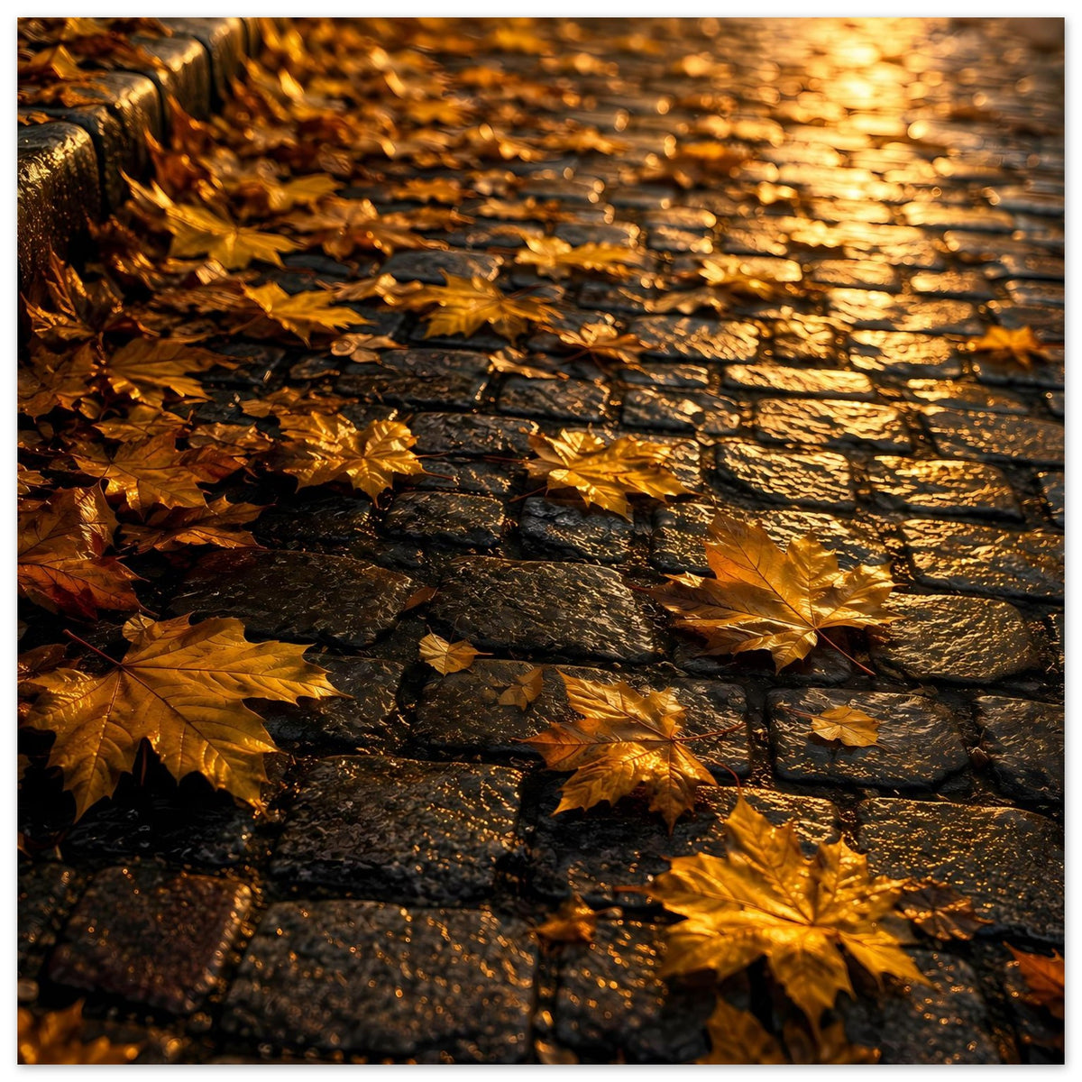 Herbstposter auf mattem Papier mit goldenen Blättern auf dunkler gemauerter Wand