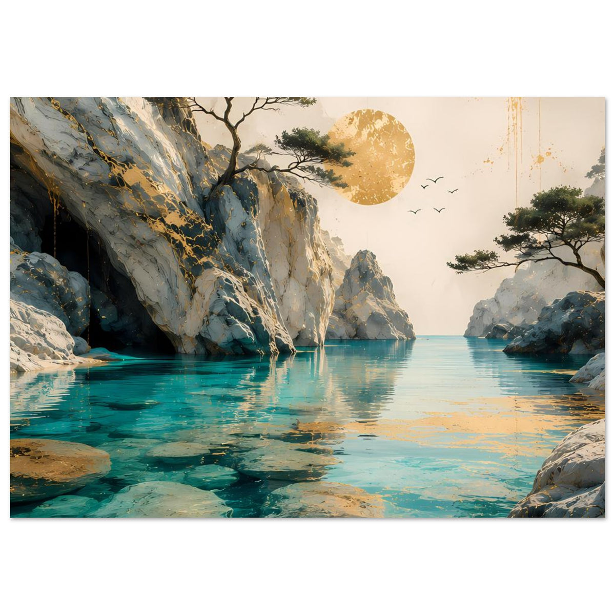 Querformatiges Poster mit Küstenlandschaft, türkisblauem Wasser, Felsen, Baum und Vögeln