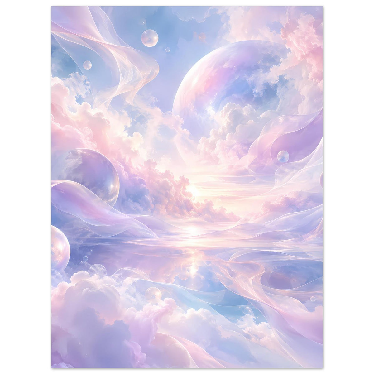Poster mit pastellfarbenen Wolken, schwebenden Blasen und sanftem Licht im Himmel