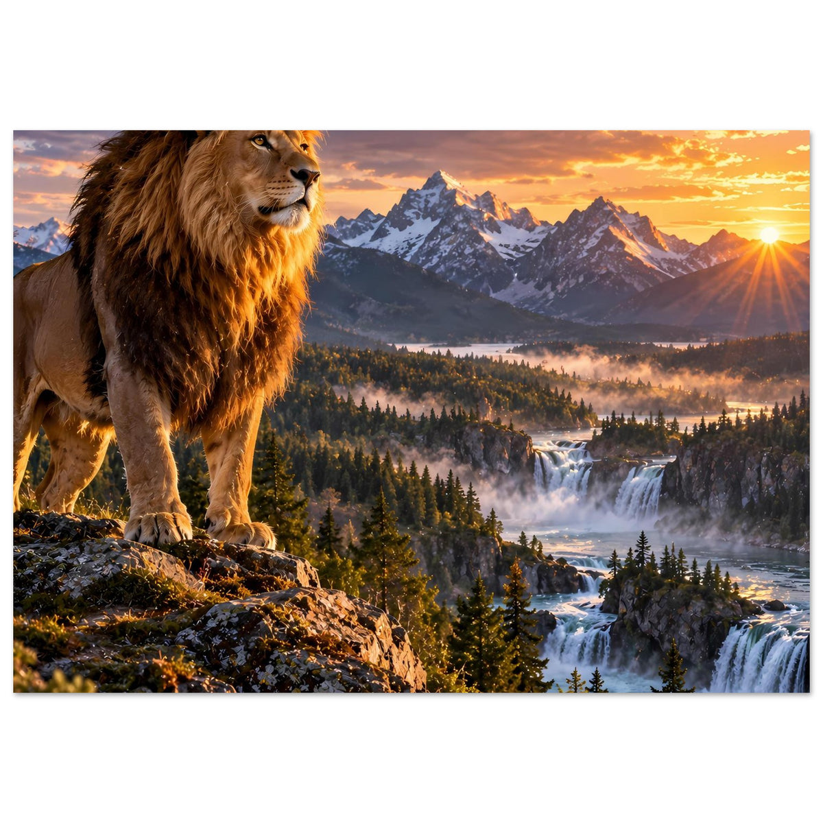 Löwenmotiv Poster im Querformat: brüllender Löwe links, Sonnenaufgang über Berglandschaft