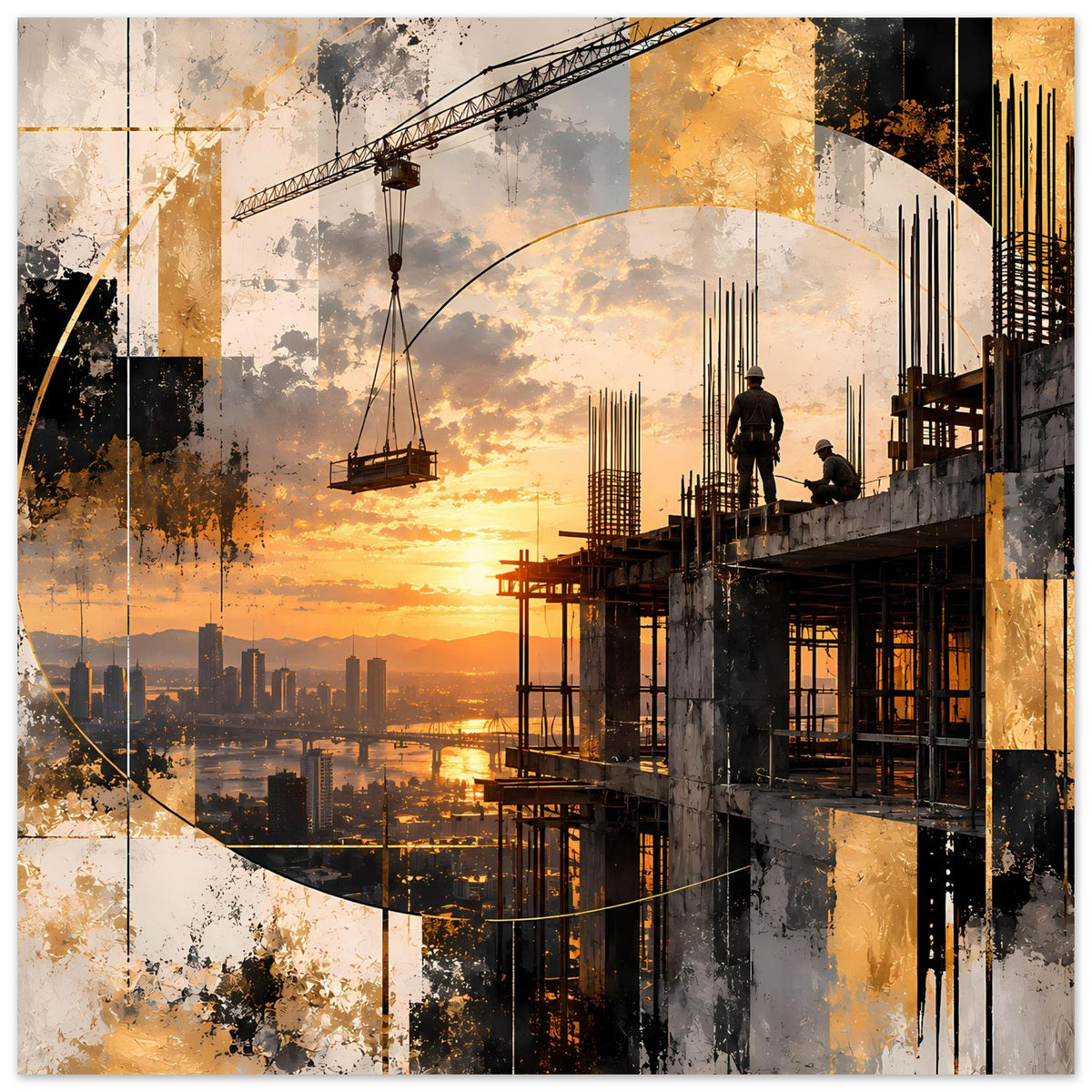 Quadratisches/nahezu quadratisches Abstraktes Konstruktionsposter mit Sonnenuntergang und Baustelle