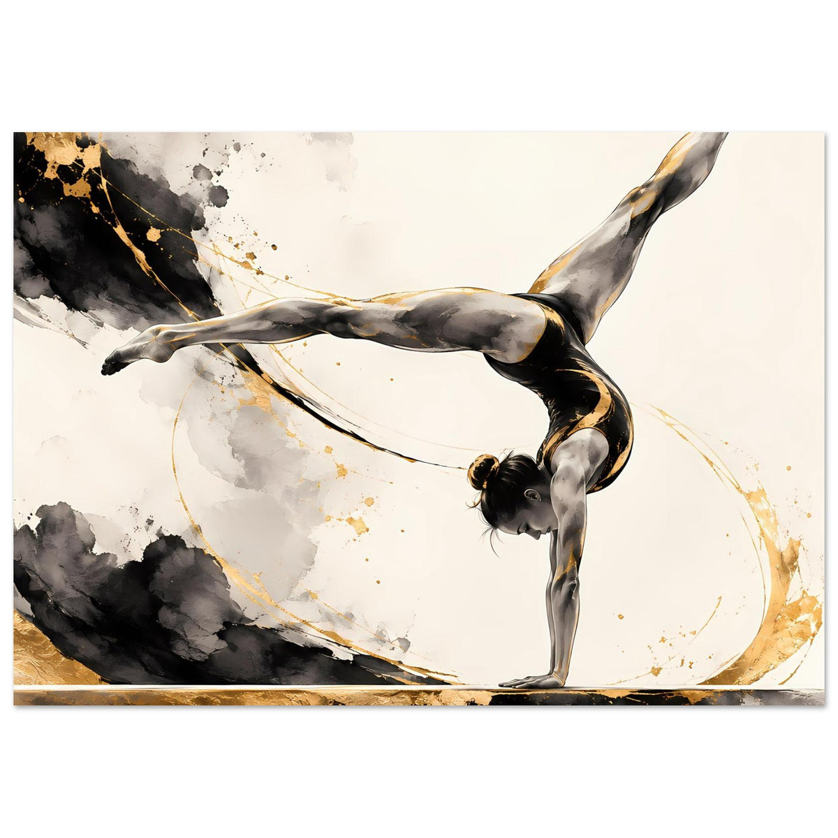 Gymnastikposter: Turnerin im Handstand, schwarzer Körper mit goldenen Linien und Flecken