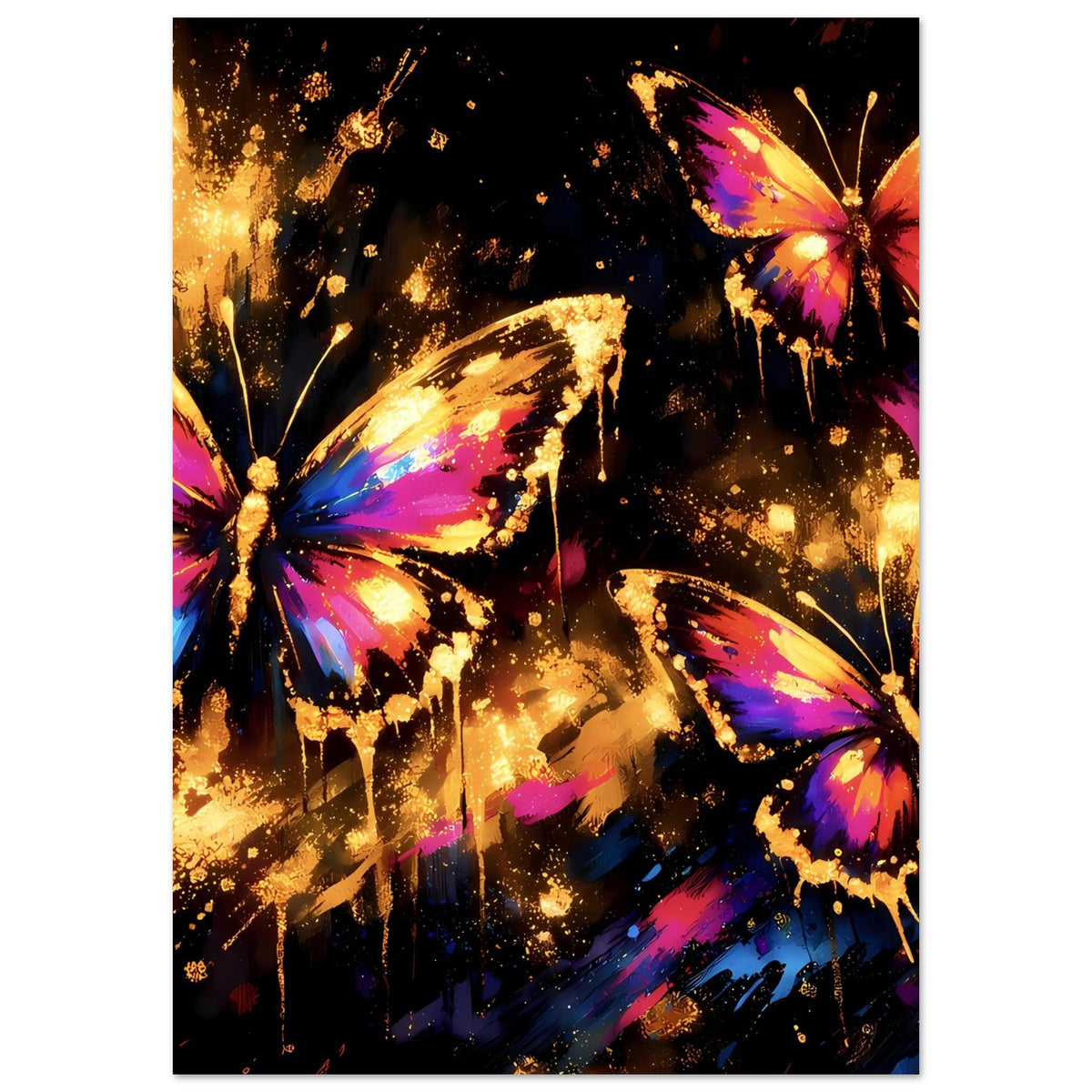 Kunstposter mit vier farbigen Schmetterlingen und glitzernden Effekten auf dunklem Hintergrund