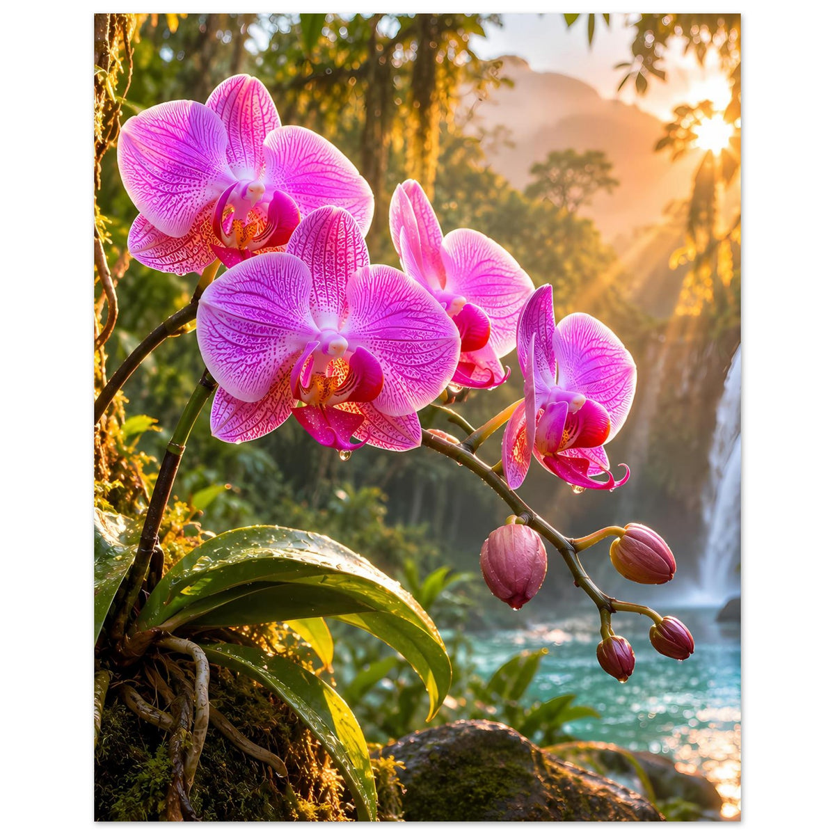 Hochformat-Poster mit rosa Orchideenblüten auf verzweigtem Ast