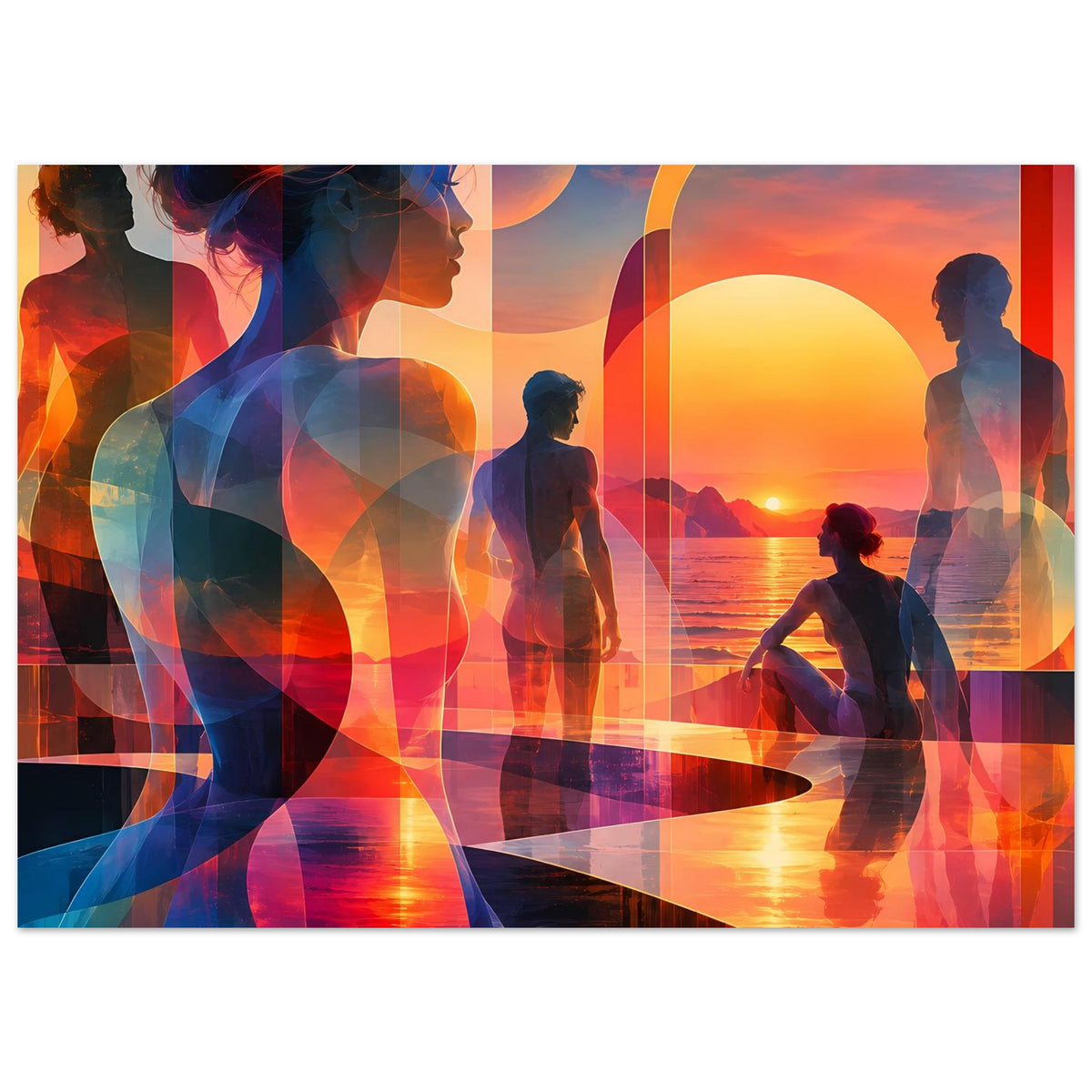 Kunstposter im Querformat: menschliche Silhouetten am Ufer, Orange/Blau.
