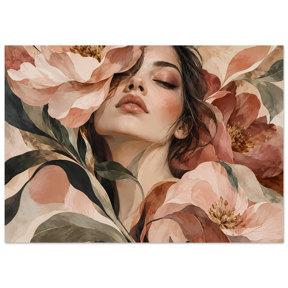 Poster im Querformat mit Blumenportrait einer Frau, warmes Beige-Rosa und dunkles Grün.