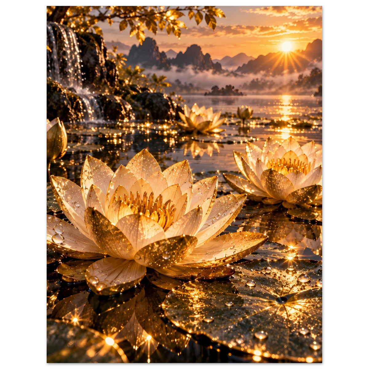 Hochformat-Poster mit goldenen Lotusblüten und glitzernden Lichtpunkten am Seeufer