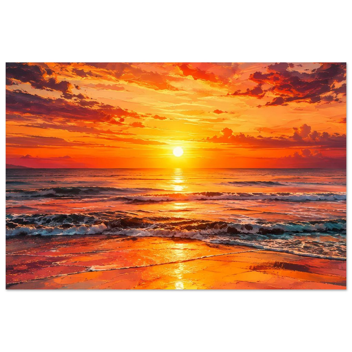 Horizontales Poster mit Sonnenaufgang, orangefarbenen Wolken und breiter Strandlinie