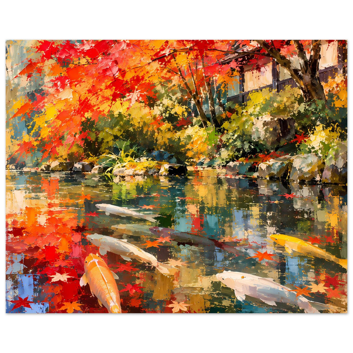 Poster im Koi-Teich-Look mit Herbstlaub: Wasser mit Reflexen und mehrere orangefarbene Koi