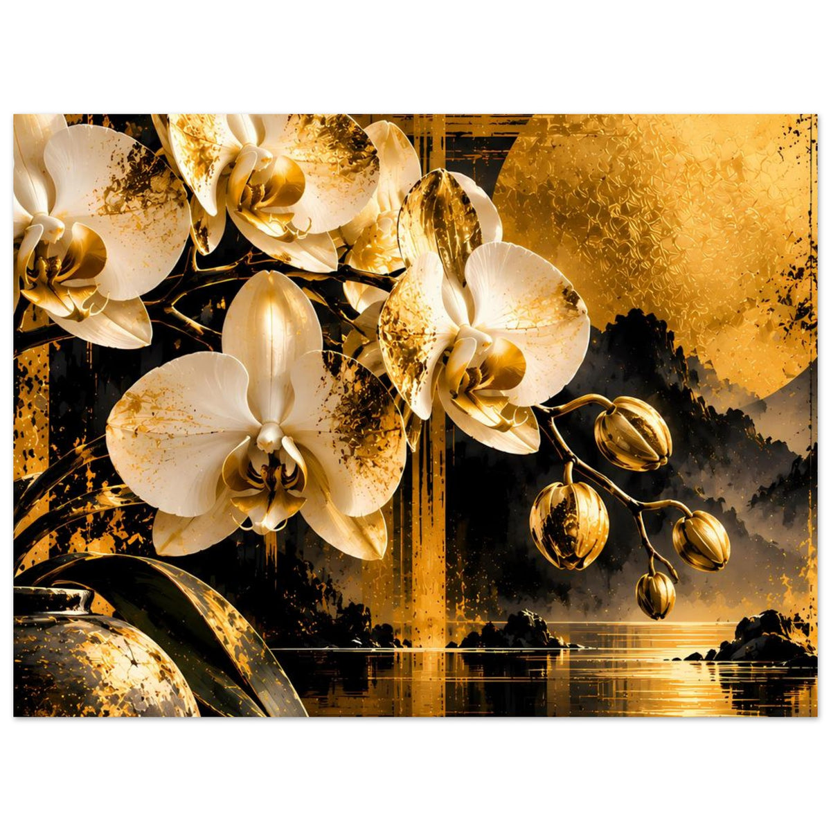 Poster mit goldenen Orchideen, gold-schwarzem Hintergrund und Spiegelung im Wasser unten