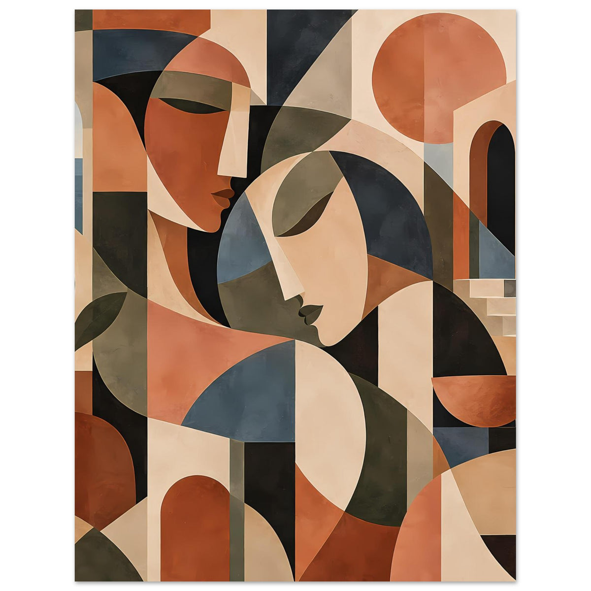 Vertikal angezeigtes Kunstposter: abstrakte Figuren, geometrische Hintergründe und warme Farbflächen