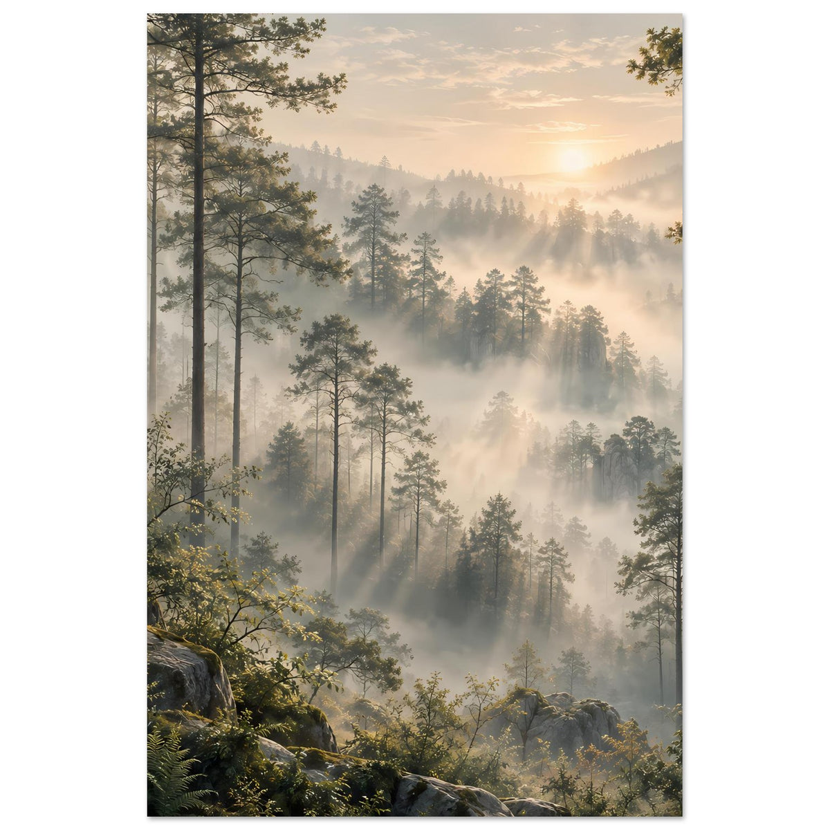 Vertikales Poster mit nebligem Wald, Tannen und warmem Sonnenaufgang
