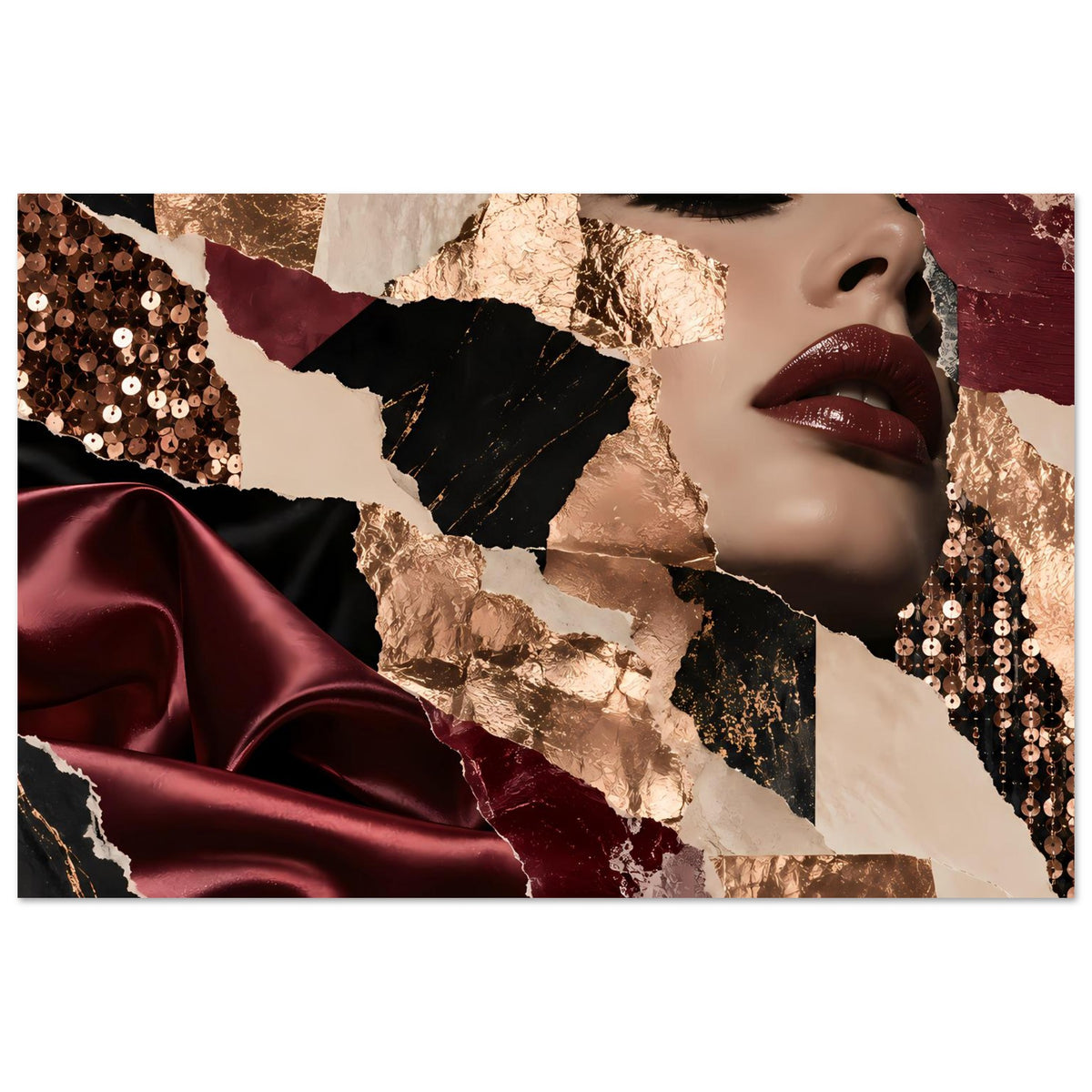 Poster mit Frauenporträt: bordeauxroter Satin, Goldakzente und schwarze Collage-Elemente