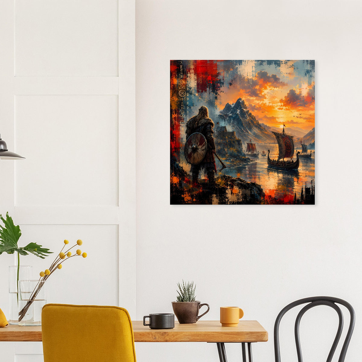 Quadratisches Poster mit Wikingerkrieger und Langboot, Berge im Hintergrund, Abendsonne
