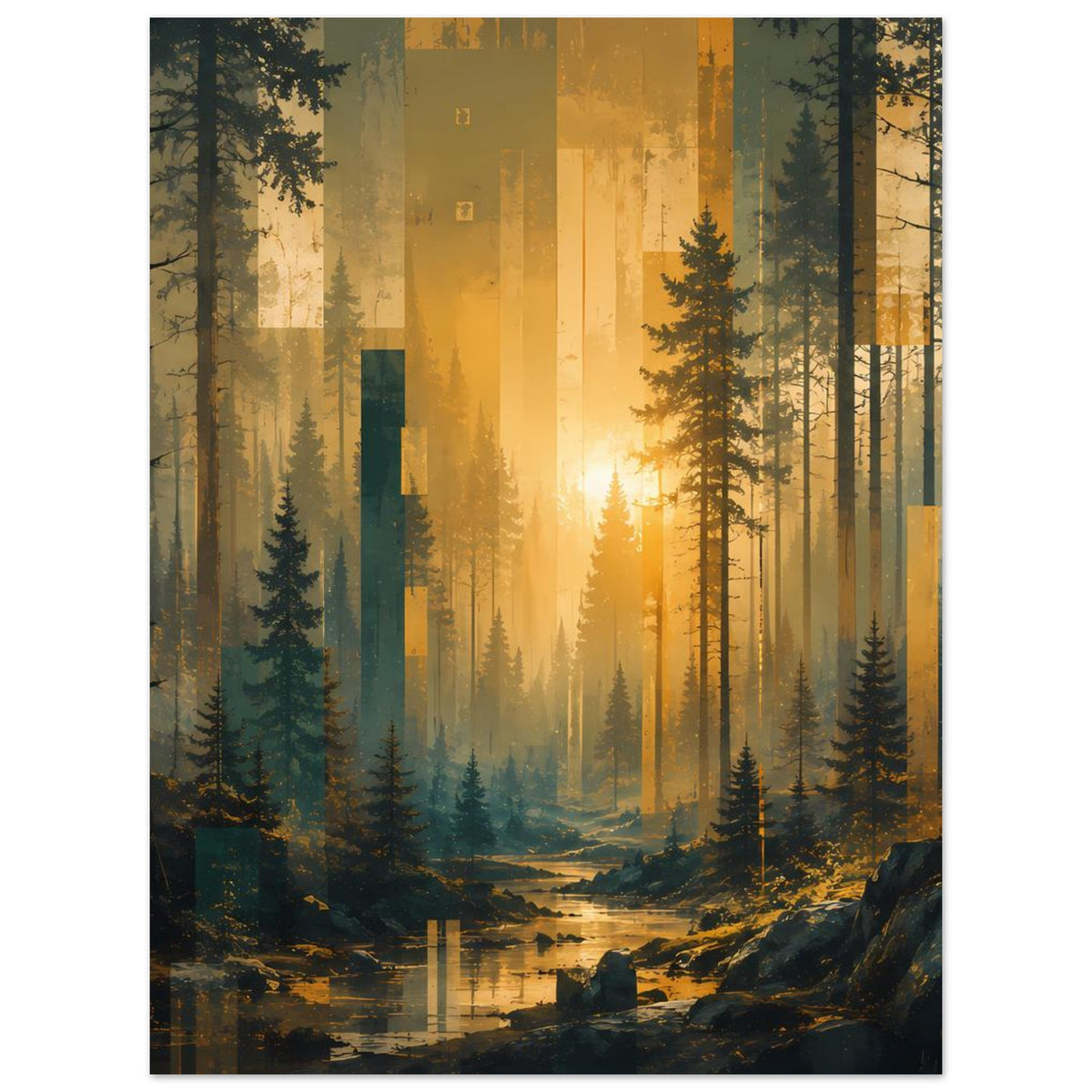 Poster mit Waldlandschaft: hohe Nadelbäume und goldener Sonnenaufgang über ruhigem Bach