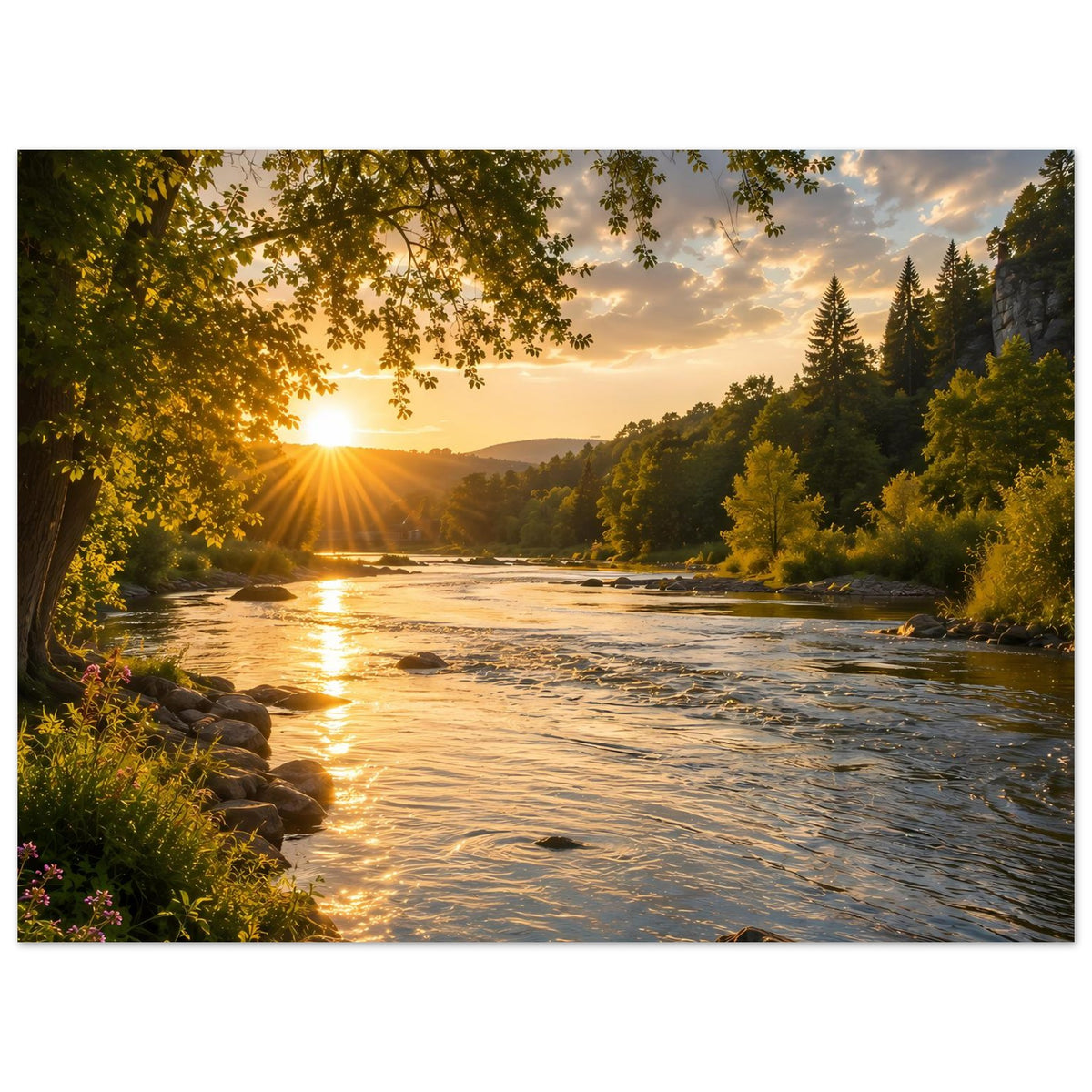 Poster im Querformat: Fluss bei Sonnenaufgang, reflektierendes Wasser, Bäume, Steine und sanfte Hügel.