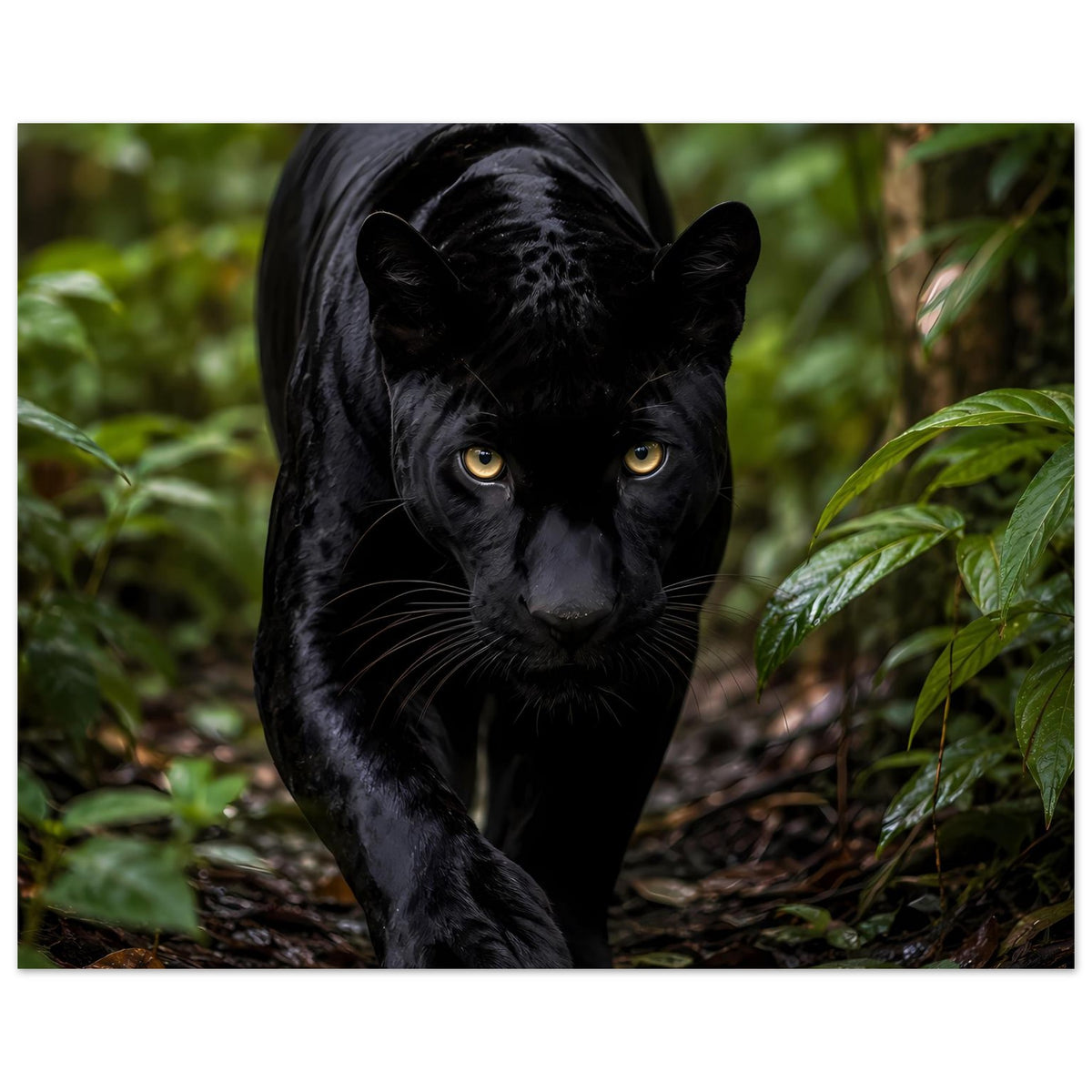 Poster mit schwarzem Panther, Blick nach vorn, auf Erde zwischen Pflanzen