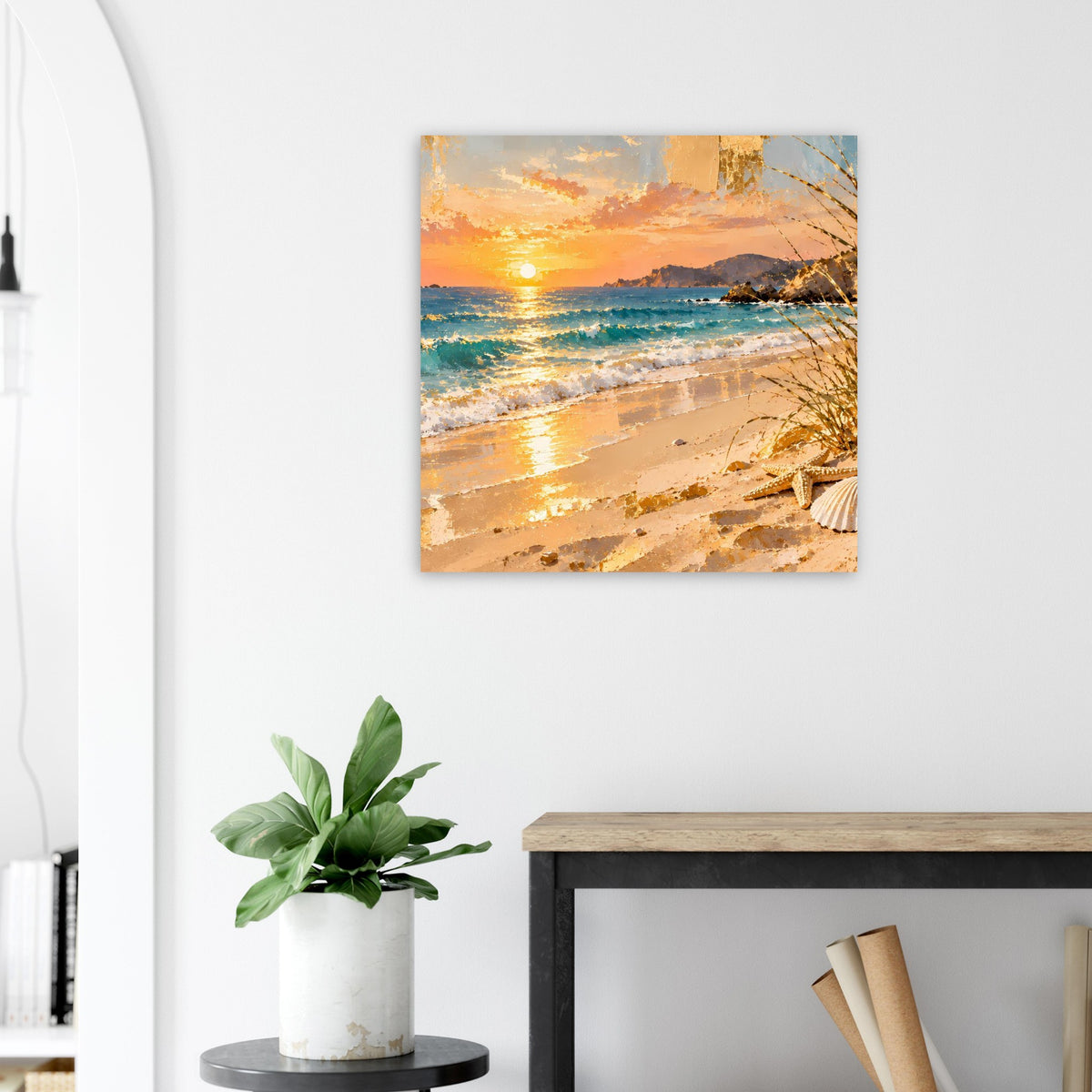 Poster mit Strand-Sonnenuntergang, orangefarbener Himmel, Wellen und Dünen