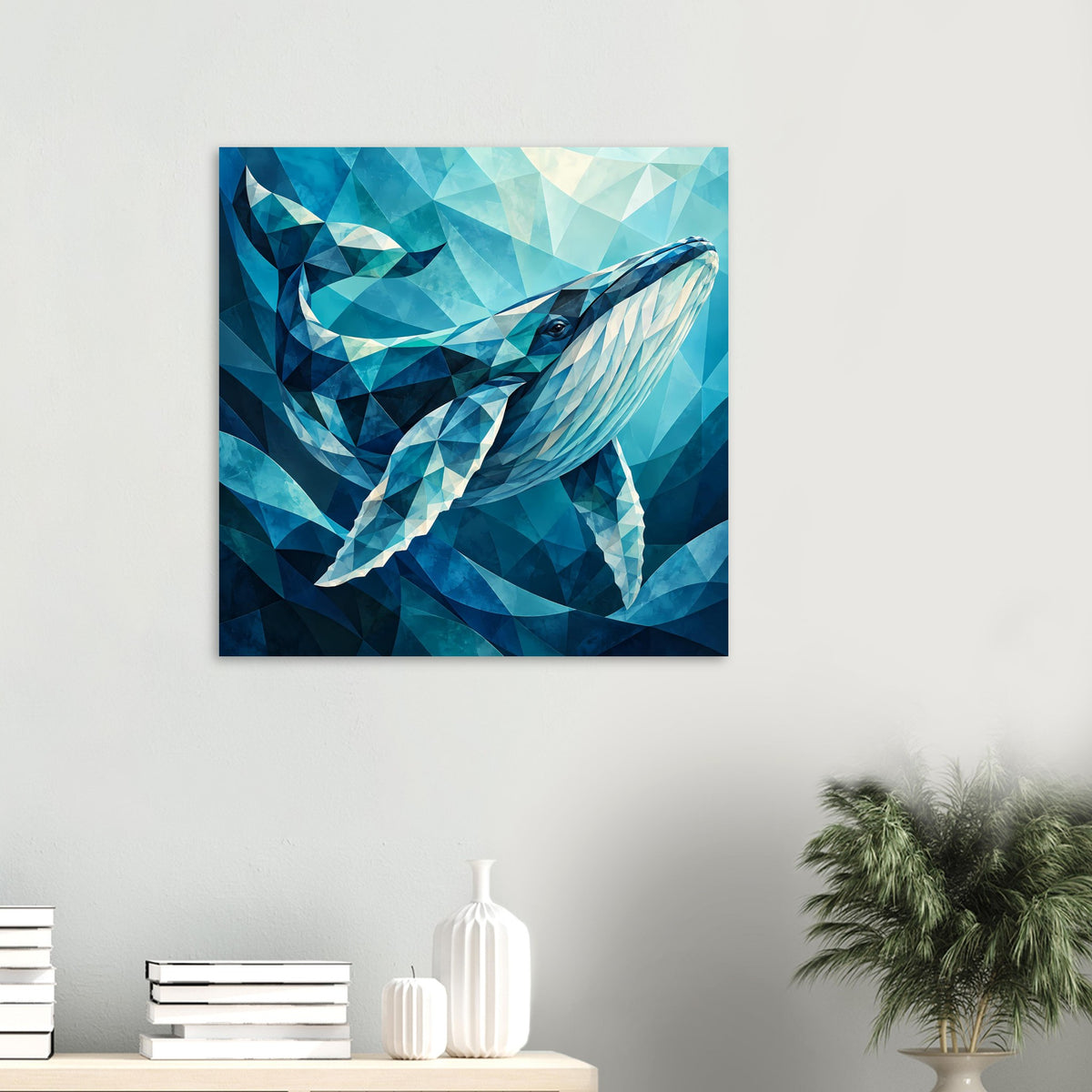 Quadratisches Wandposter mit geometrischem Blauwal-Motiv in Blau und Aquamarin