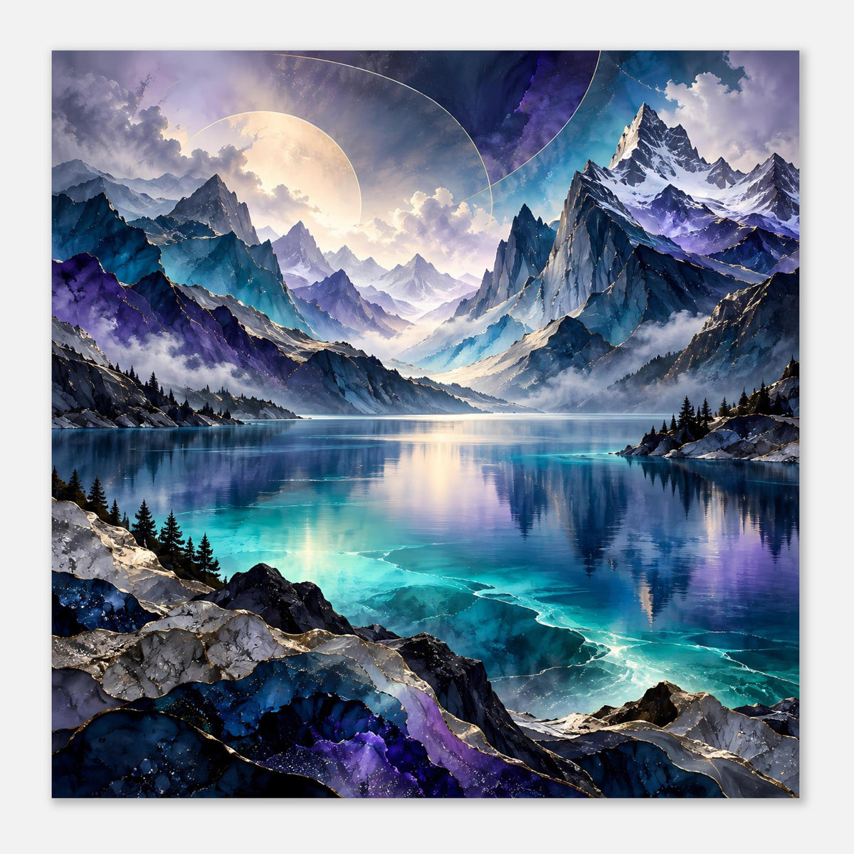 Bergsee-Poster mit Bergpanorama, spiegelndem See, Felsen und violettem Lichtschein