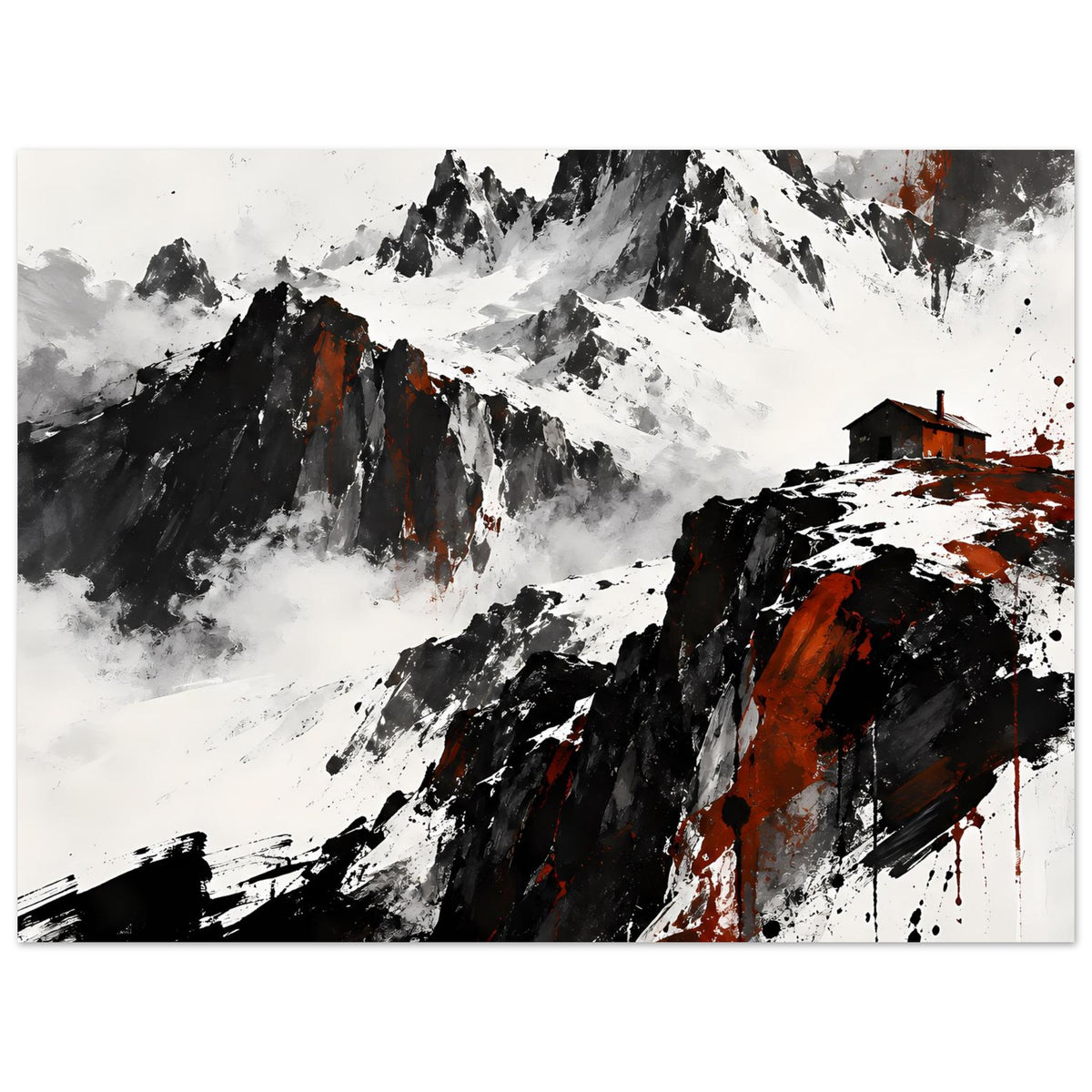 Wandposter mit Gebirgslandschaft im Kontrastlook, Schwarz, Weiß und orange Farbspritzer