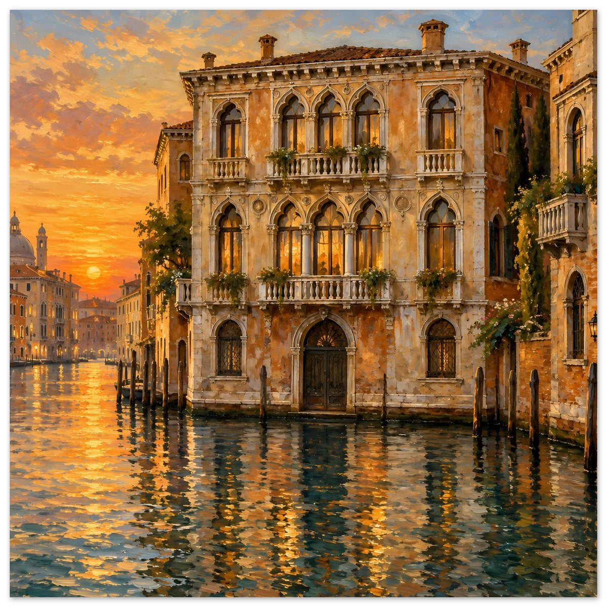 Venedig-Poster mit Palazzo, Sonnenuntergangshimmel und Wasserreflexionen im Vordergrund