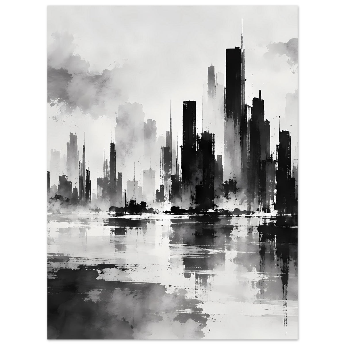 Schwarzweiß-Poster im Hochformat mit dunkler Skyline und Spiegelung auf dem Wasser