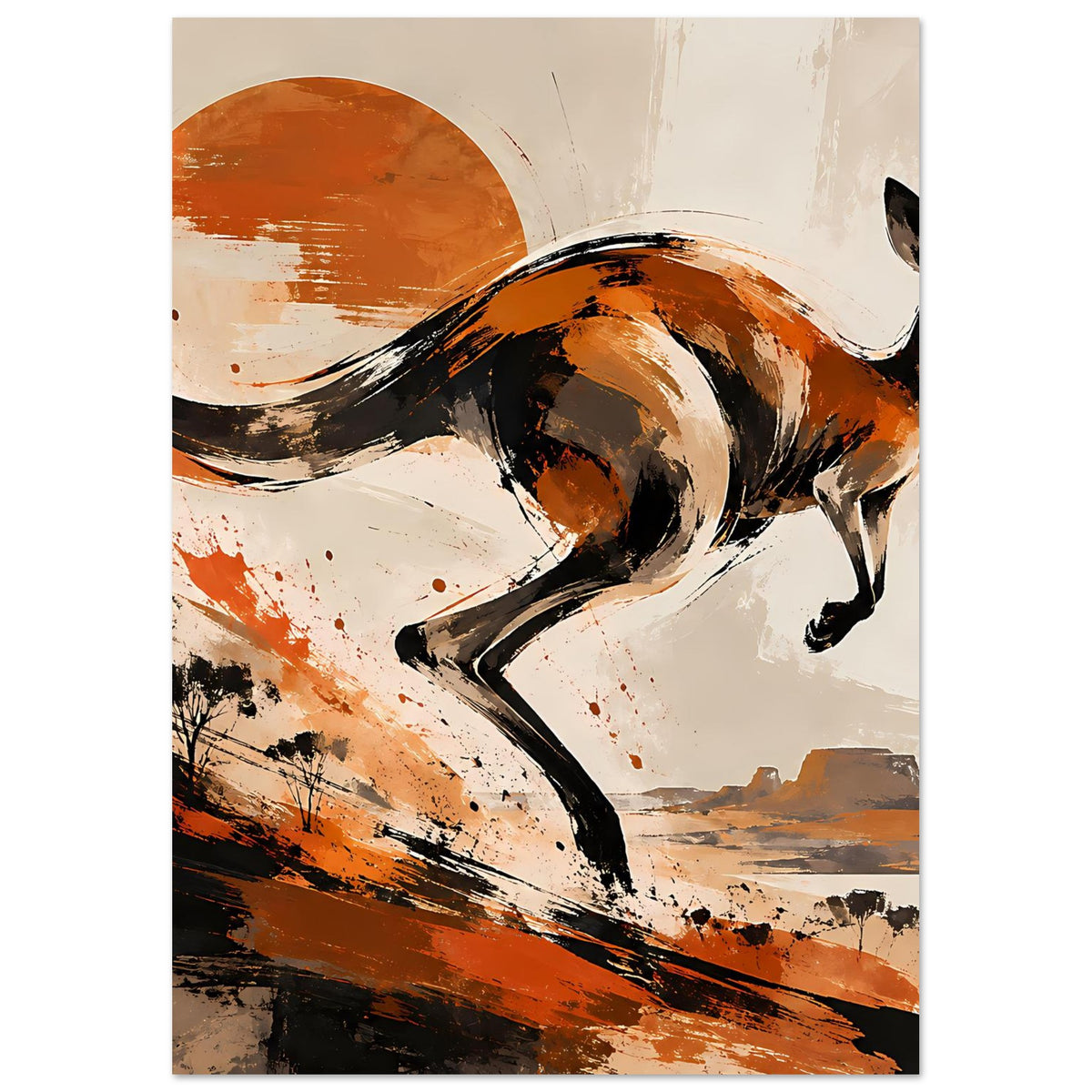 Vertikales Tierposter: Känguru im Lauf, kräftige Pinselstriche in warmen Erdtönen.